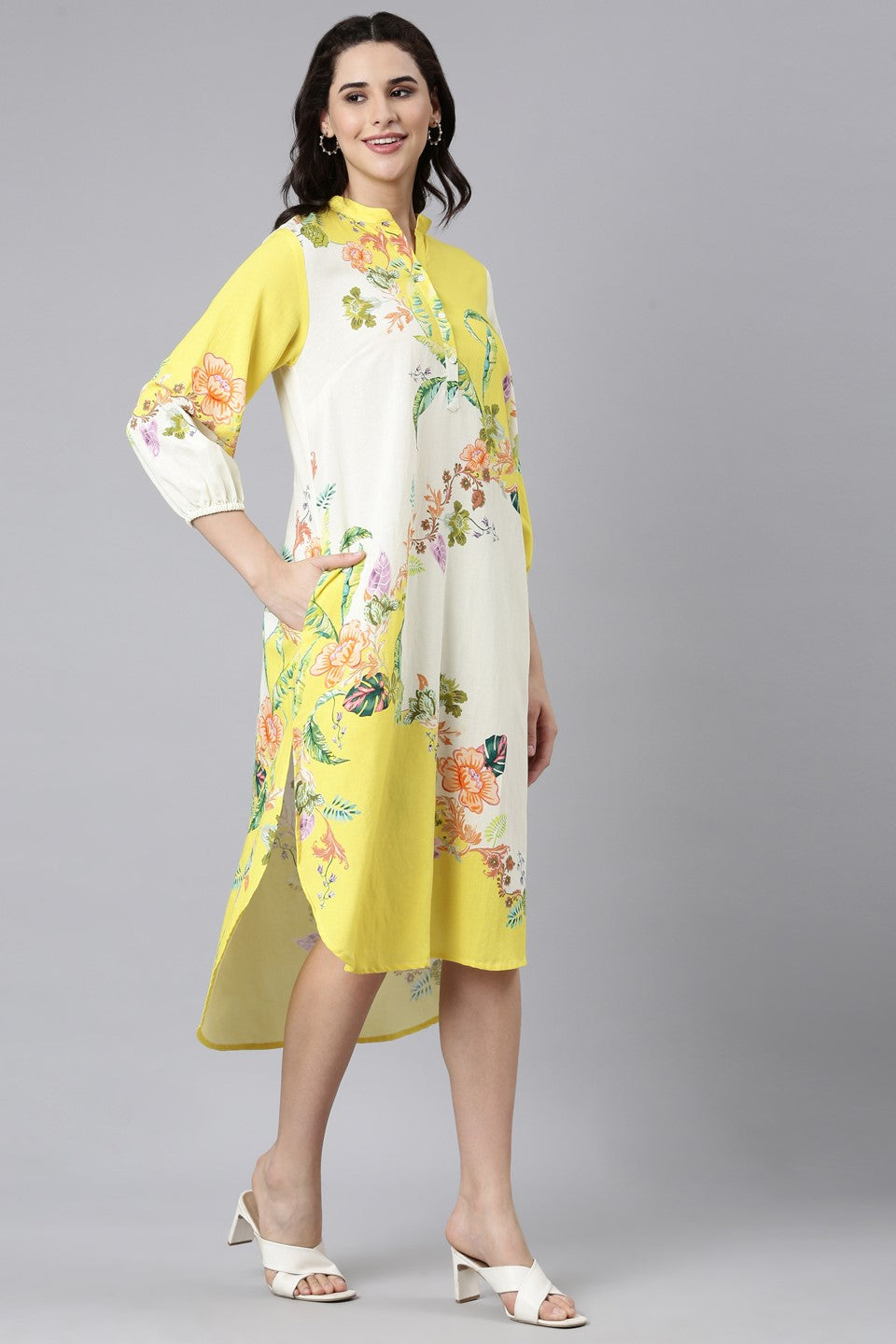 Yellow Floral Printed Belgium Linen Dress