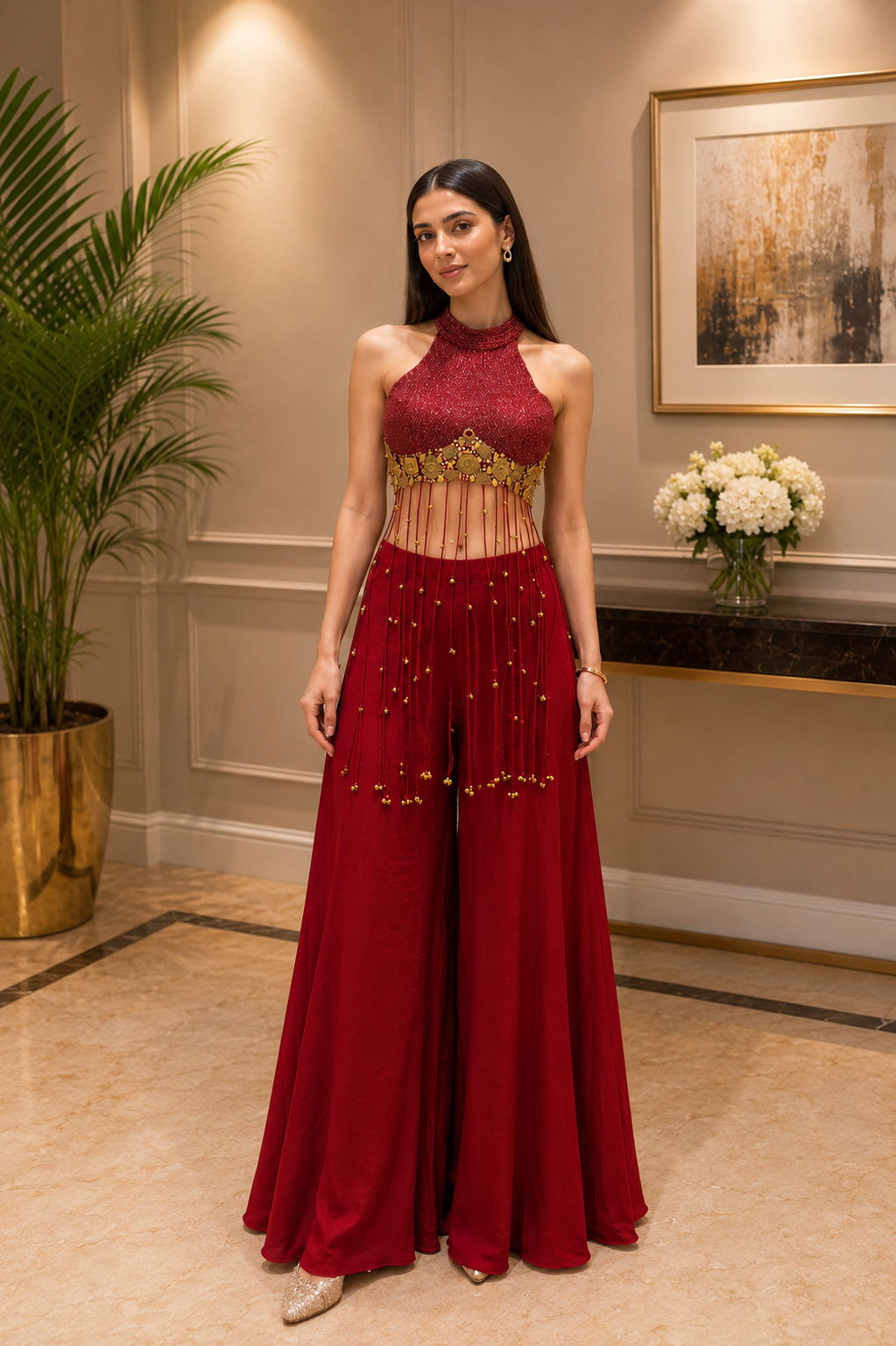Red Fire Embellished Crepe Silk Palazzo Set