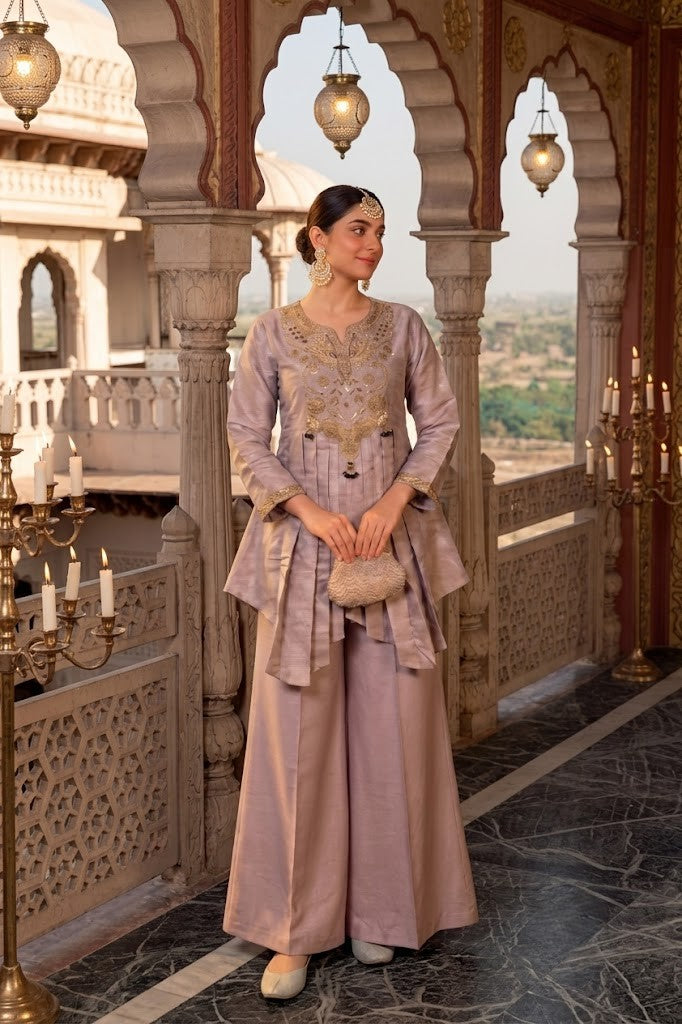 Baby Pink Embellished Brocade Silk Palazzo Set