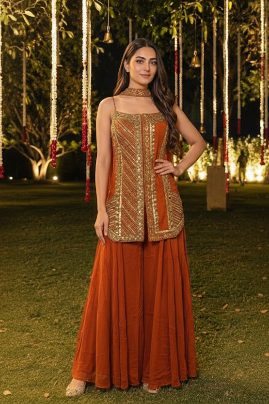 Melon Orange Embellished Crepe Silk Palazzo Set