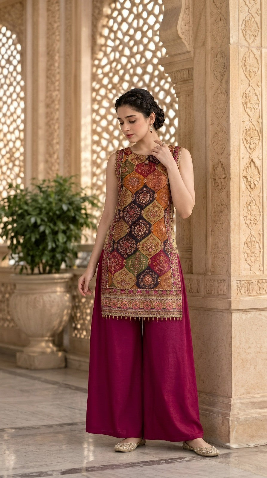 Maroon & Multi-Print Embellished Crepe Silk Co-ord Set