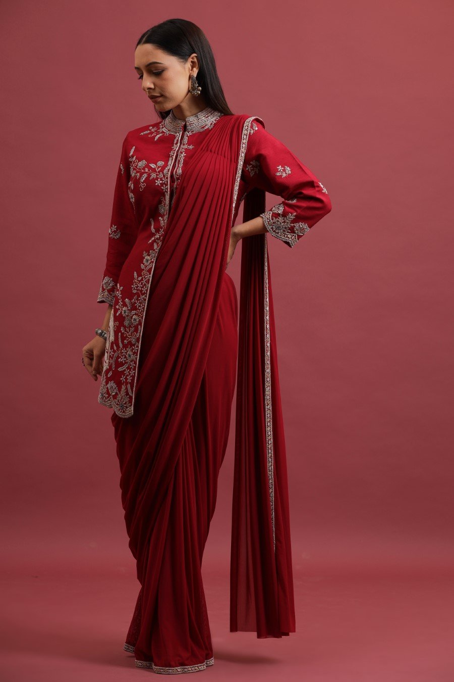 Ruby Pink Embroidered Asymmetrical Jacket with Draped Saree Skirt