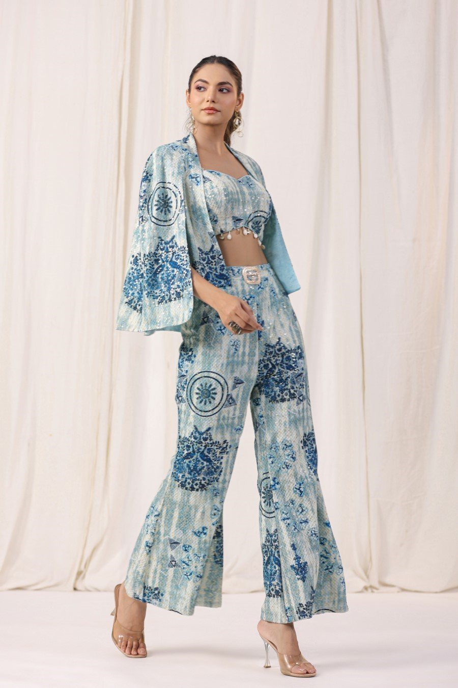 Pastel Blue Sequin Embellsihed Co-ord Set with Cape