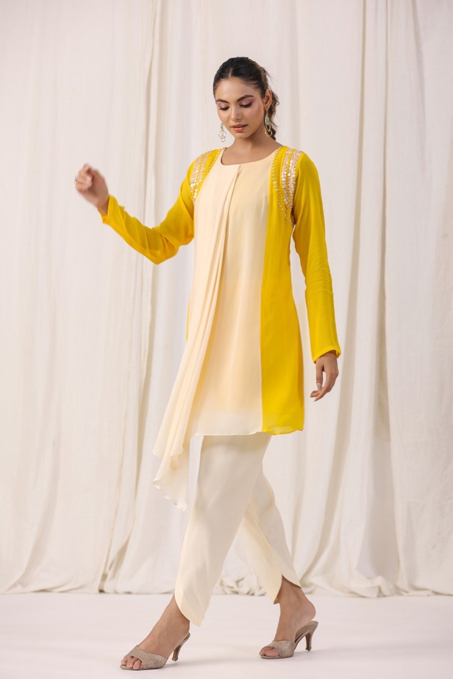 Cream Georgette Silk Embellished Tunic with Dhoti Pants