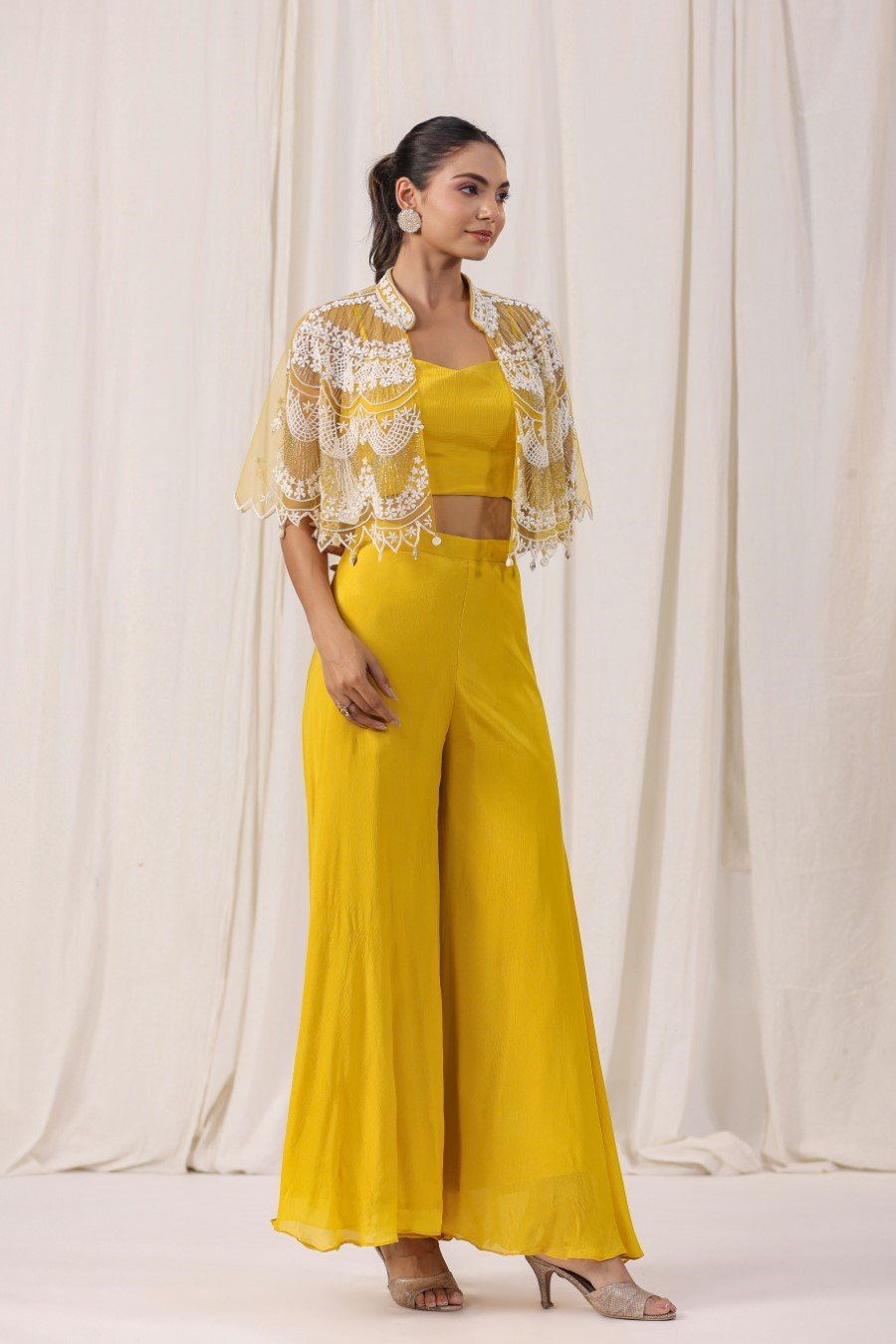Yellow Embellished Cape with Crop Top & Palazzo