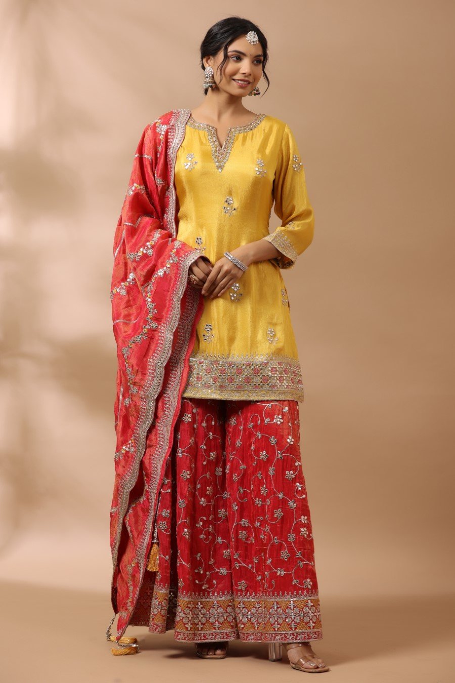 Festive Yellow Embroidered Contrast Sharara Set