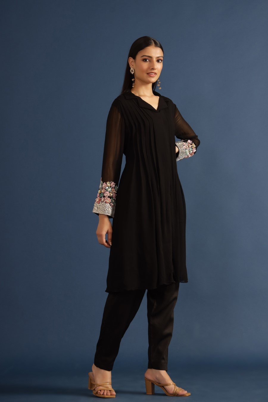 Black Embellished &amp; Pleared Tunic with Pants