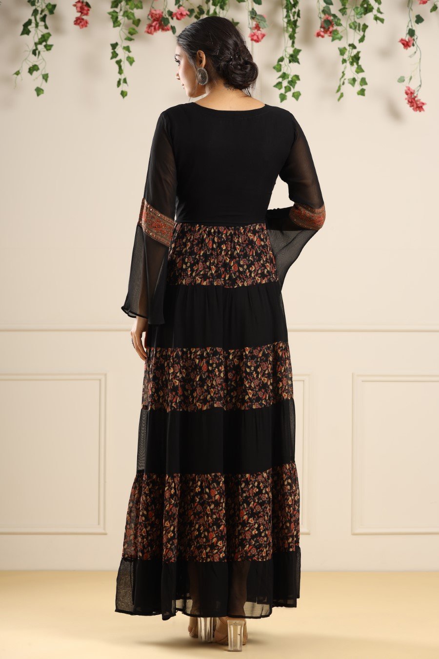 Black Printed Georgette Silk Tiered Dress