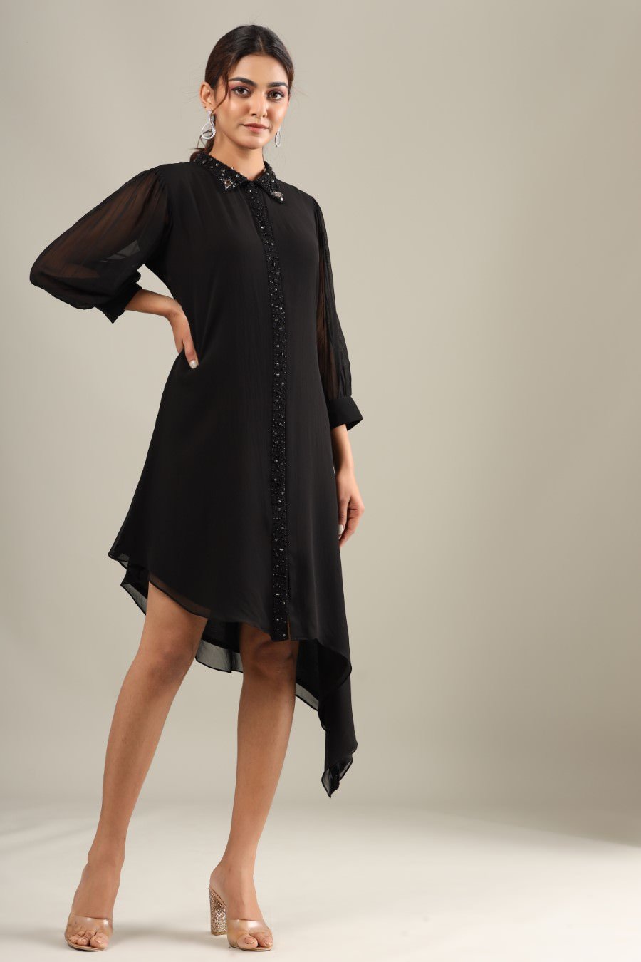 Black Georgette Silk High Low Shirt Dress