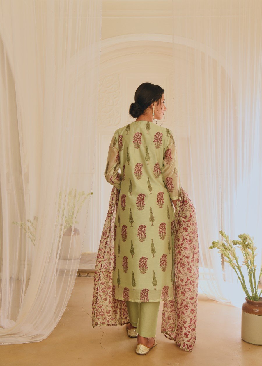 Pastel Green Block Printed Chanderi Silk Kurta Sets