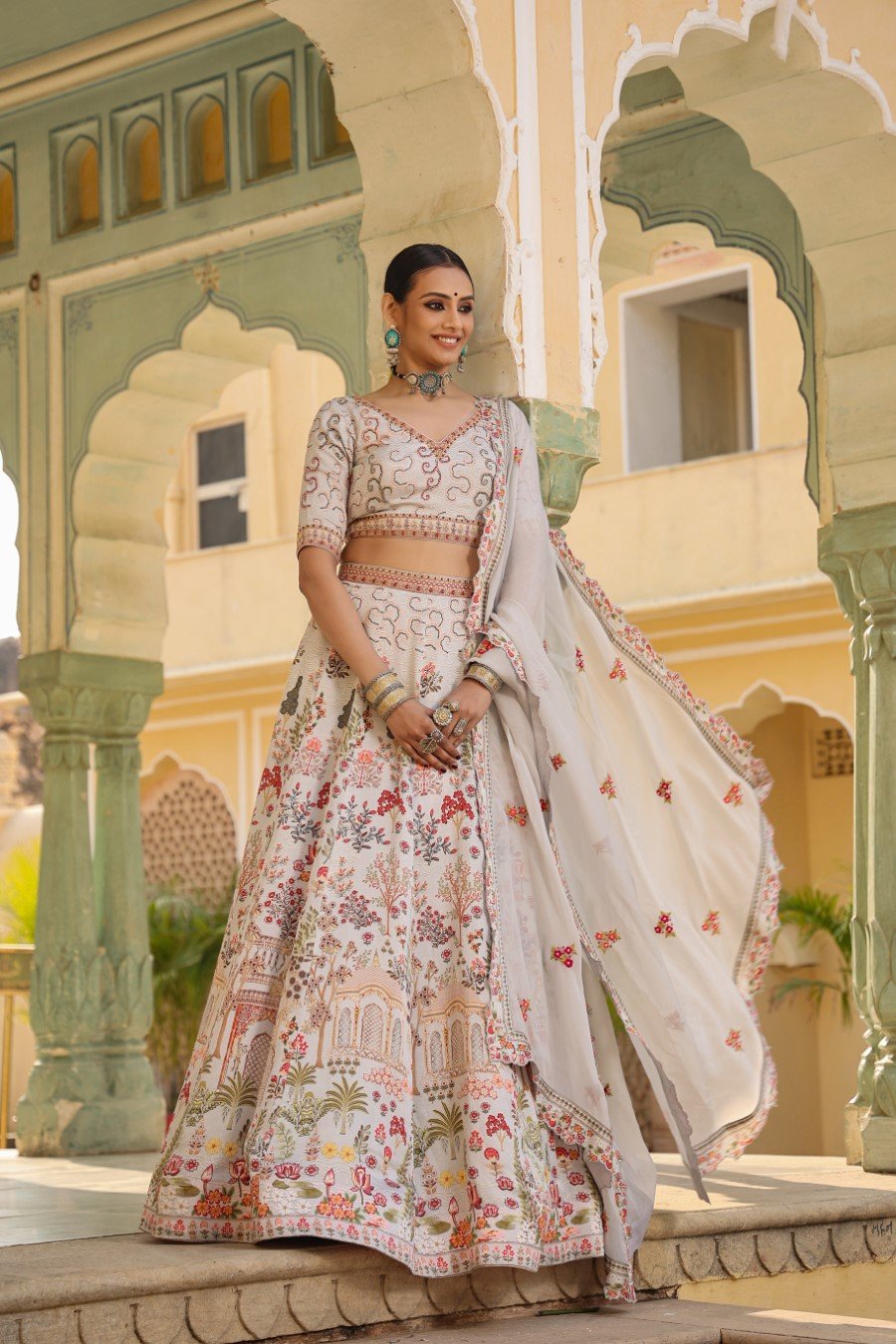 Ice Blue Mughal Raw Silk Lehenga Set