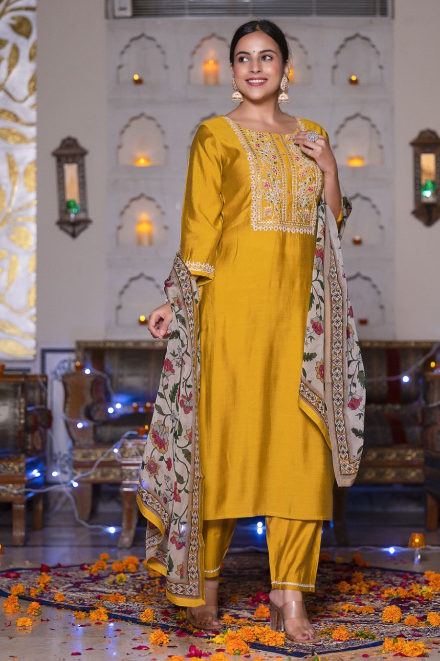 Mustard Floral Embroidered Kalamkari Kurta Set