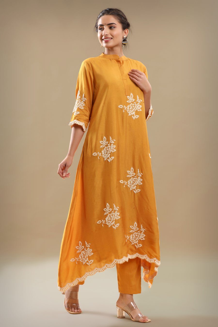 Yellow Embroidered A-line Kurta With Pant