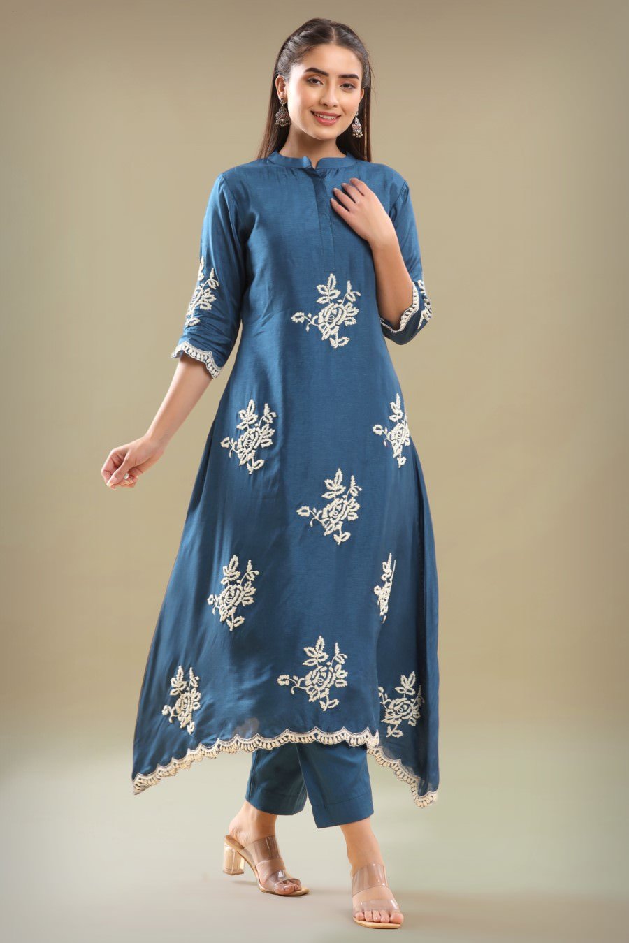 Dark Blue Embroidered A-line Kurta With Pant