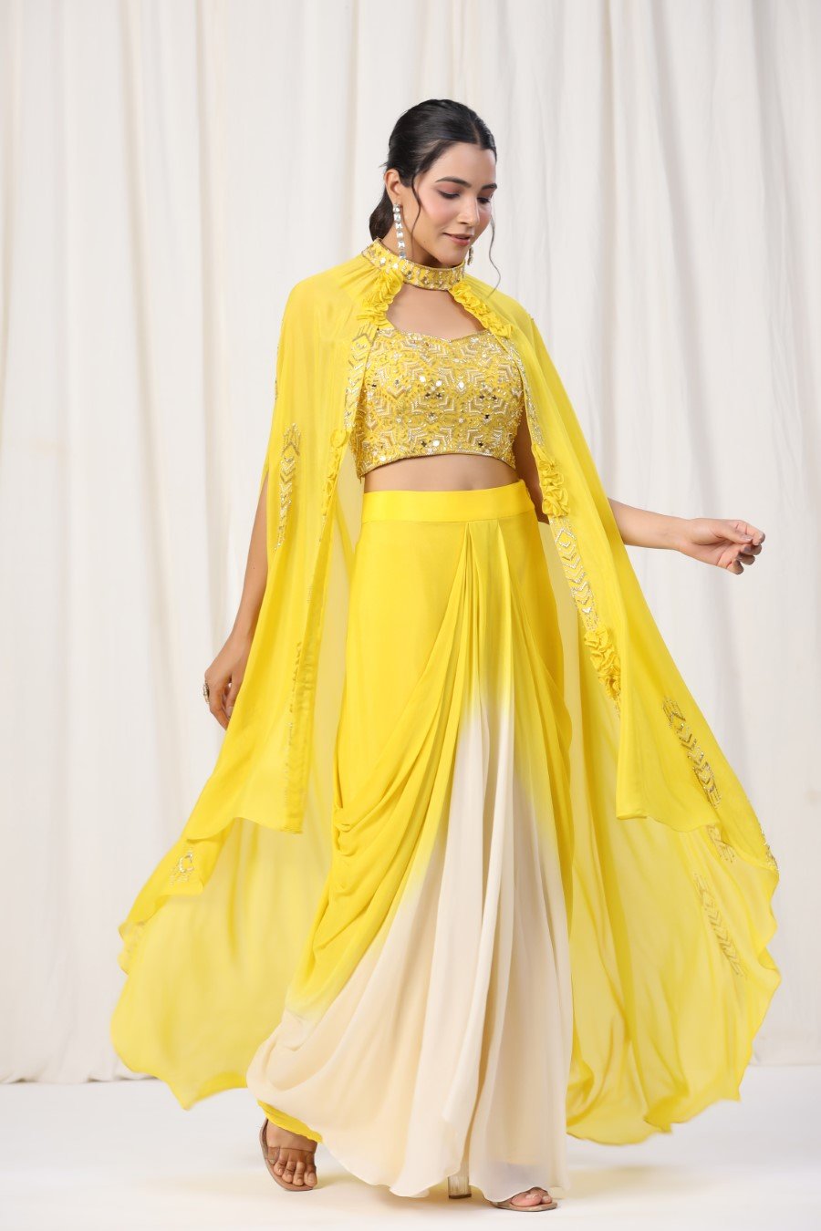 Yellow Embellished Spanish Silk Skirt Top with Cape