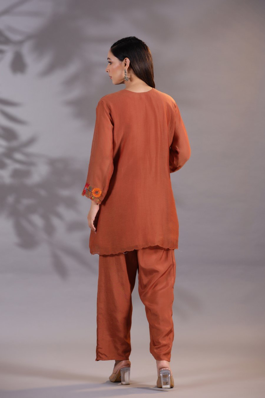 Rust Floral Embroidered Cotton Mulmul Silk Co-ord Set