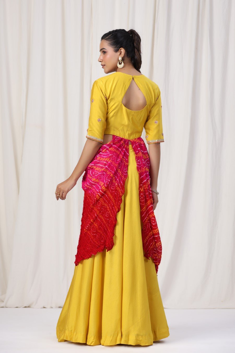 Yellow Lotus Silk Embroidered Ethnic Draped Skirt Top