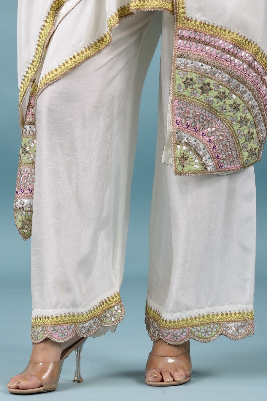 White Zari Embroidered Asymmetrical Tunic & Pants