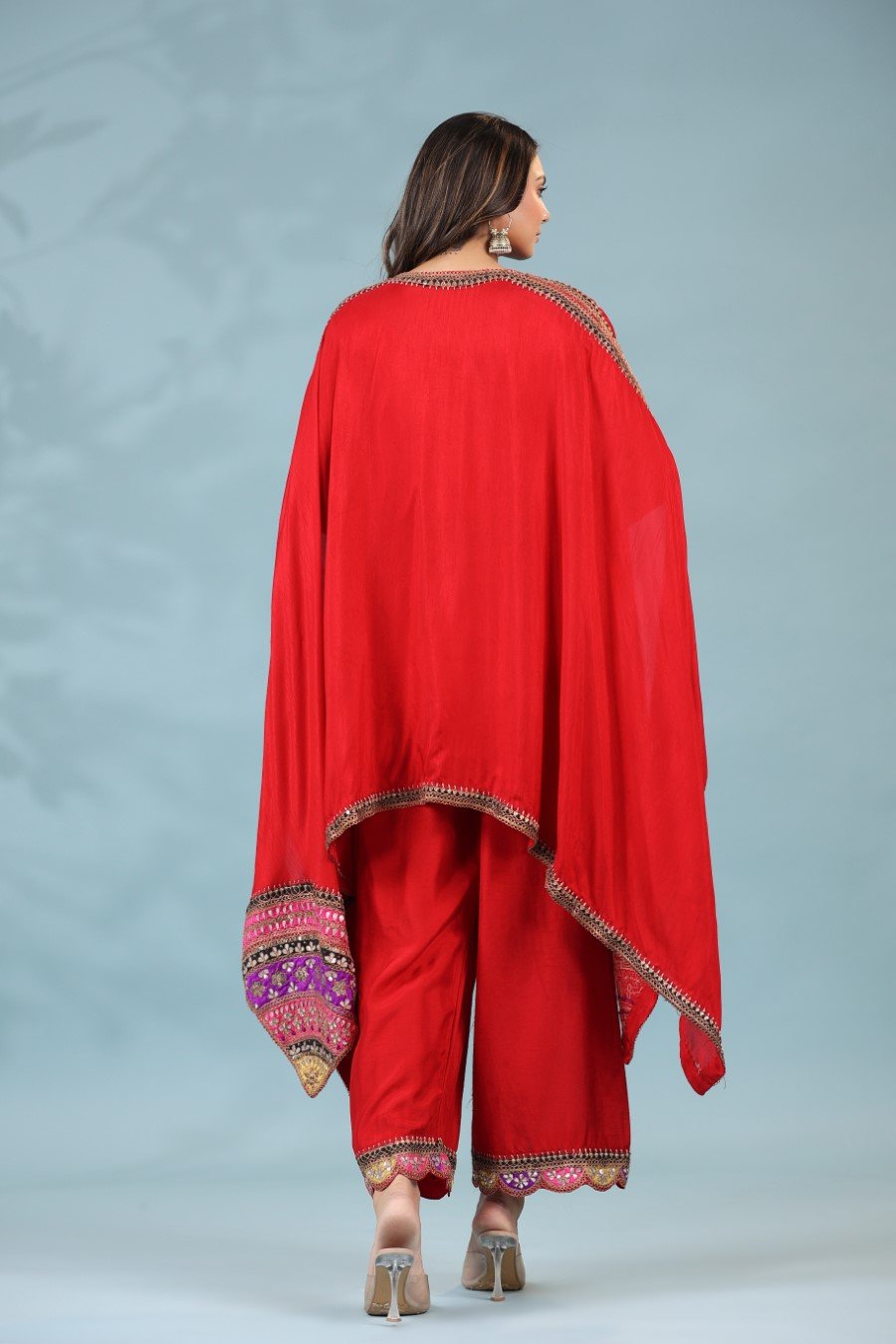 Red Zari Embroidered Asymmetrical Tunic &amp; Pants