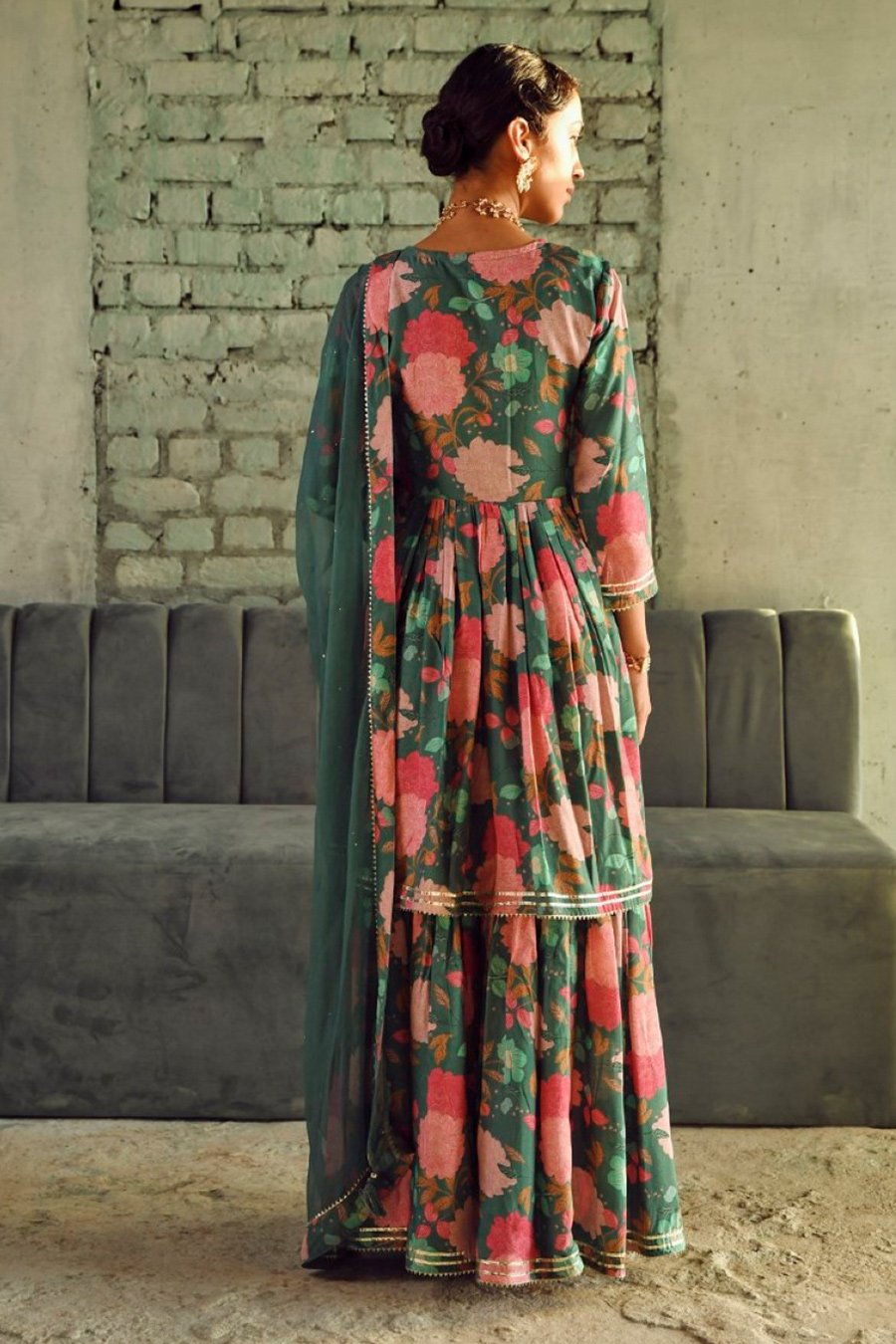 Teal Green Floral & Embellished Sharara Set