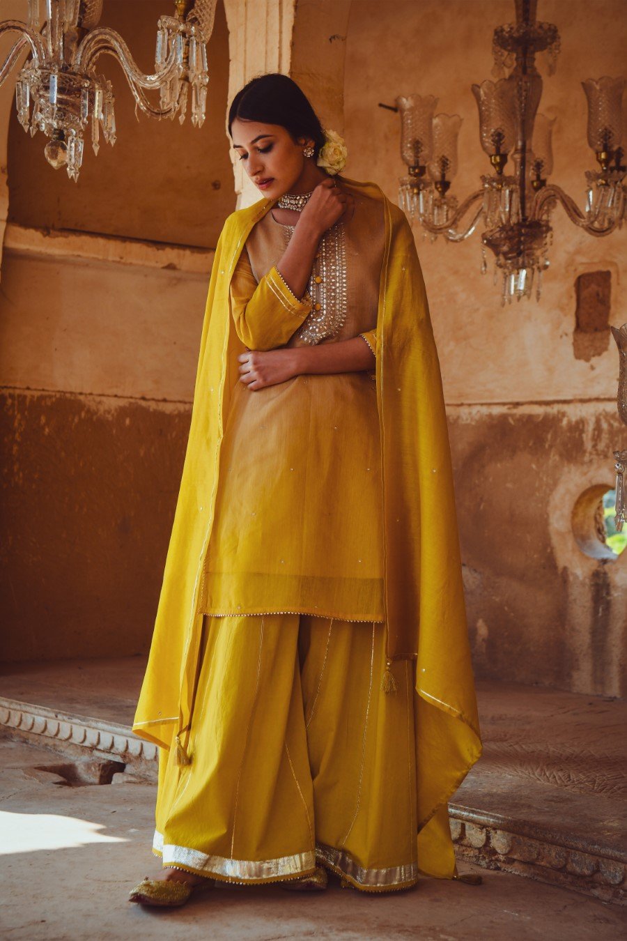 Yellow Ombre Embroidered  Sharara Set