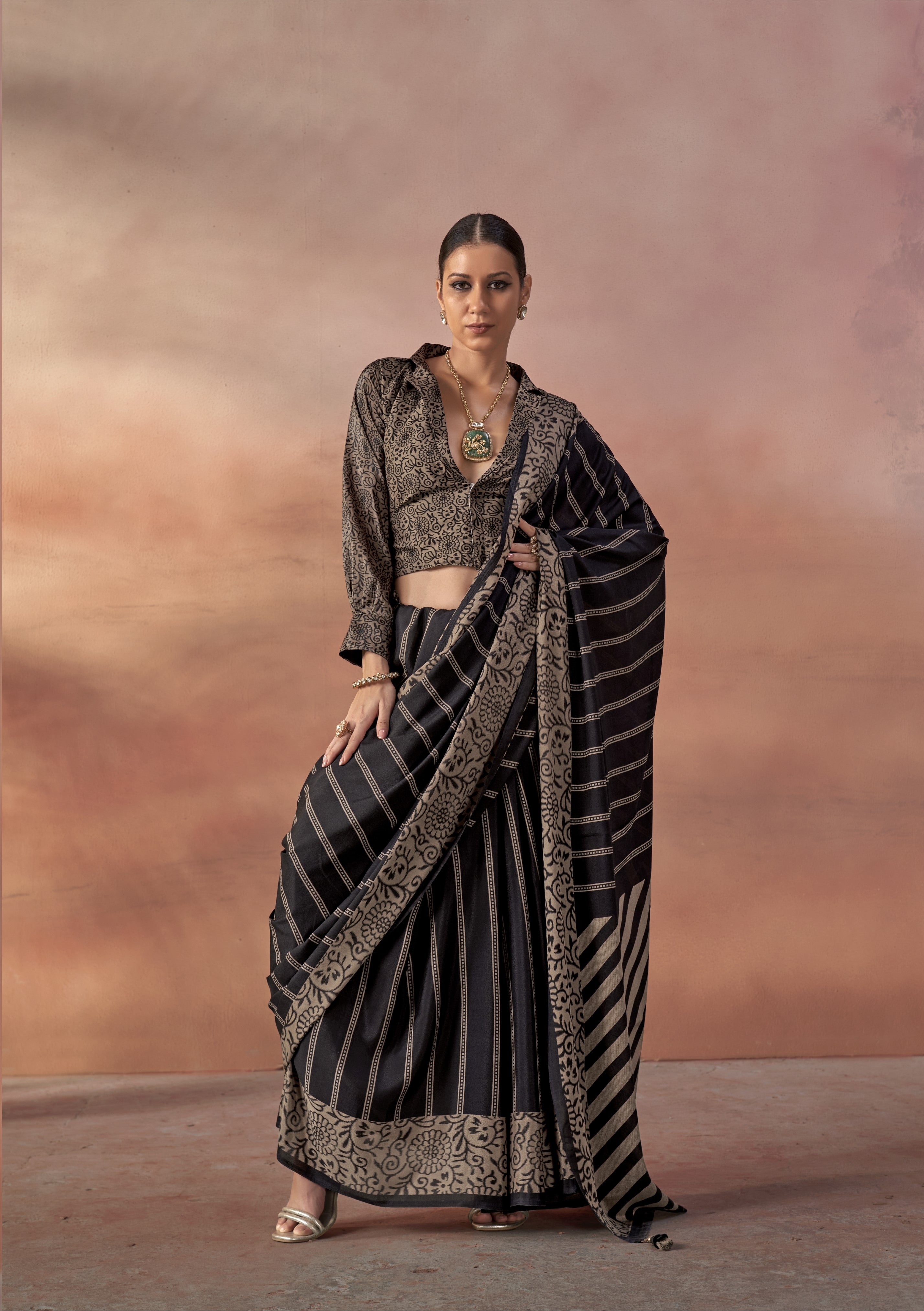Charcoal Black Printed Crepe Silk Saree