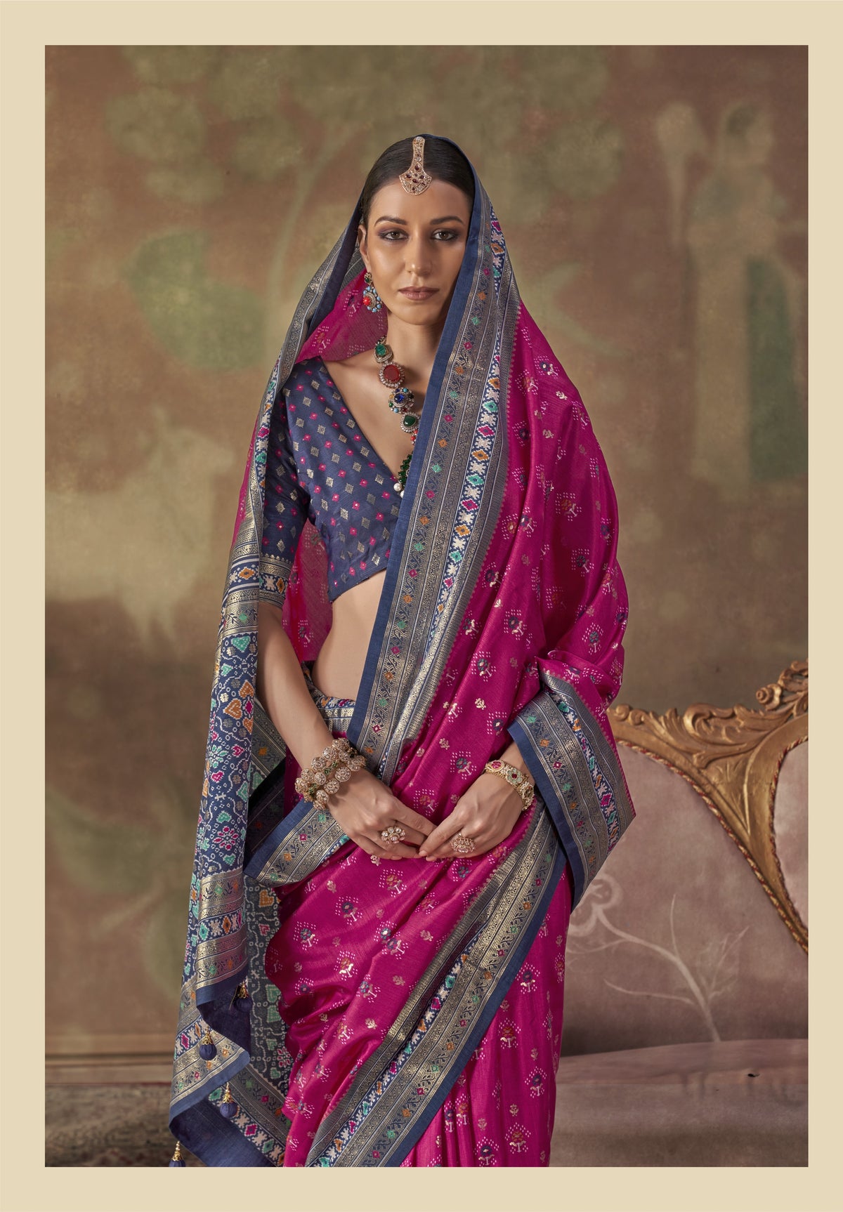 Magenta Pink Printed Premium Silk Saree