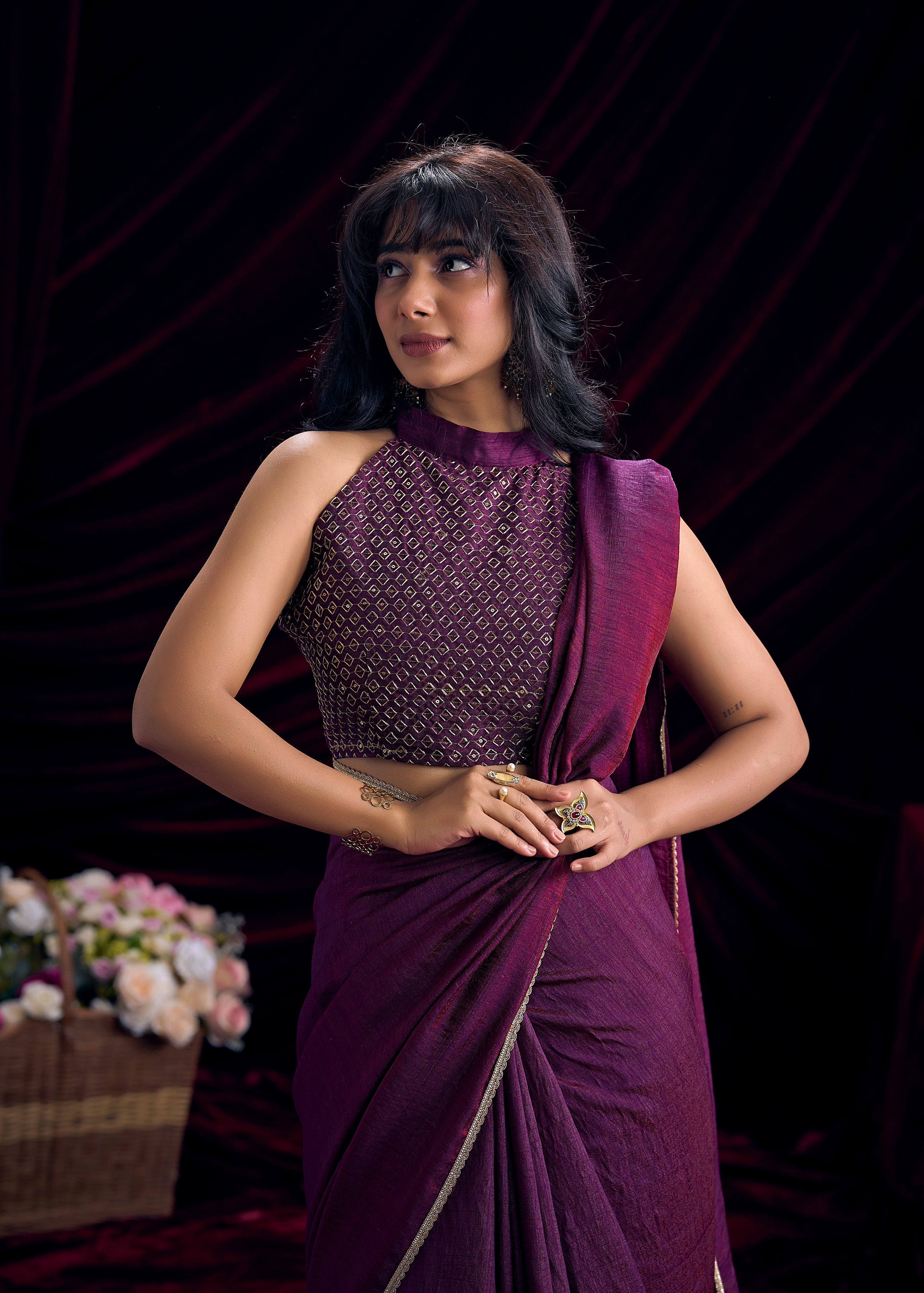 Midnight Plum Embroidered Premium Silk Saree