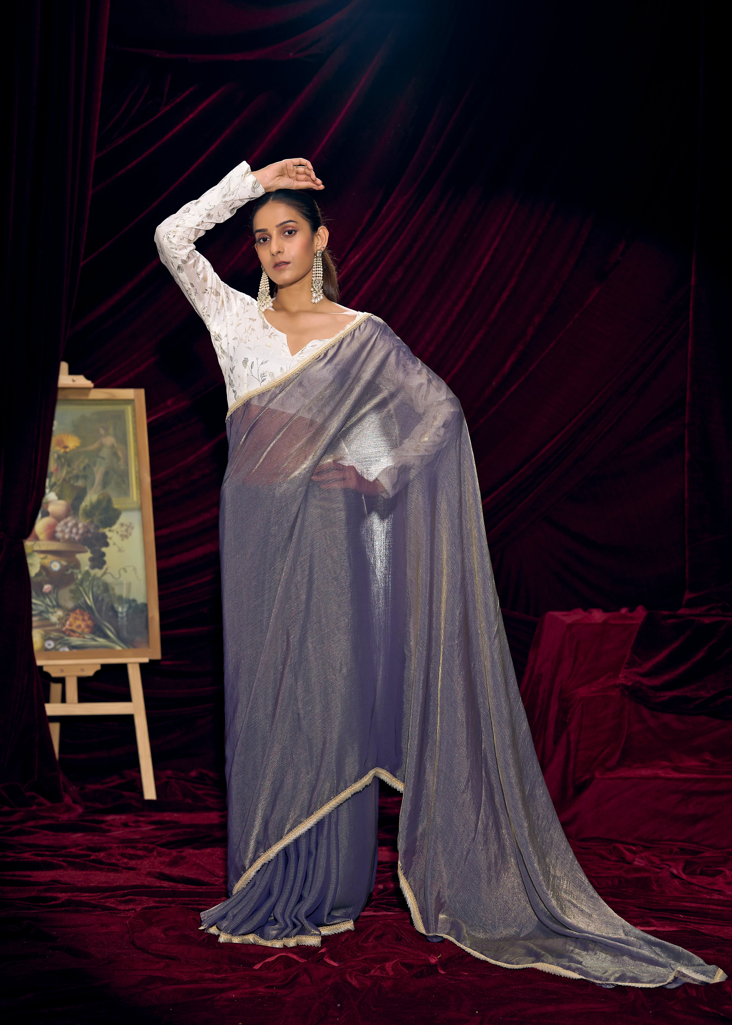 Slate Mist Embellished Tissue Silk Saree