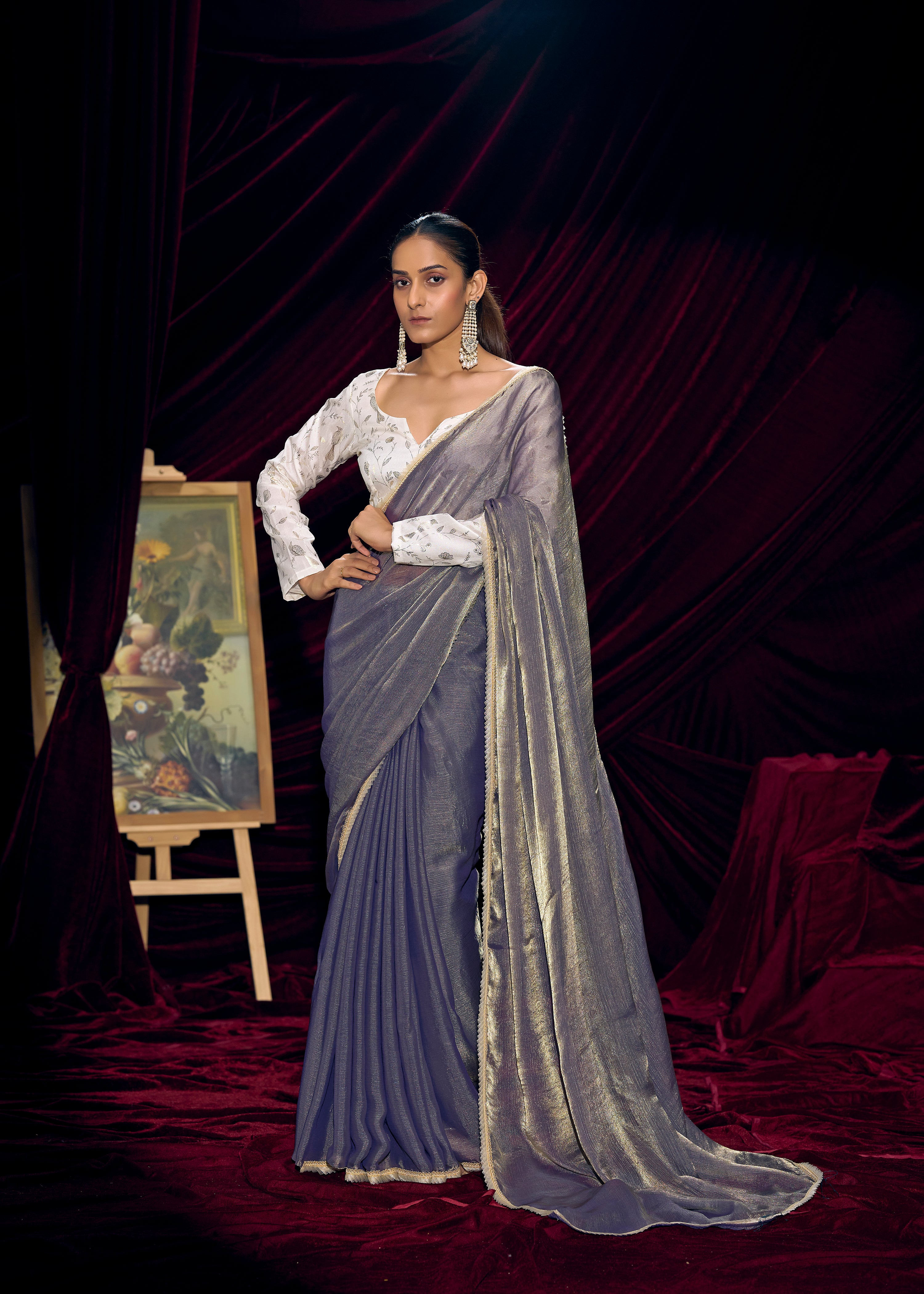 Slate Mist Embellished Tissue Silk Saree