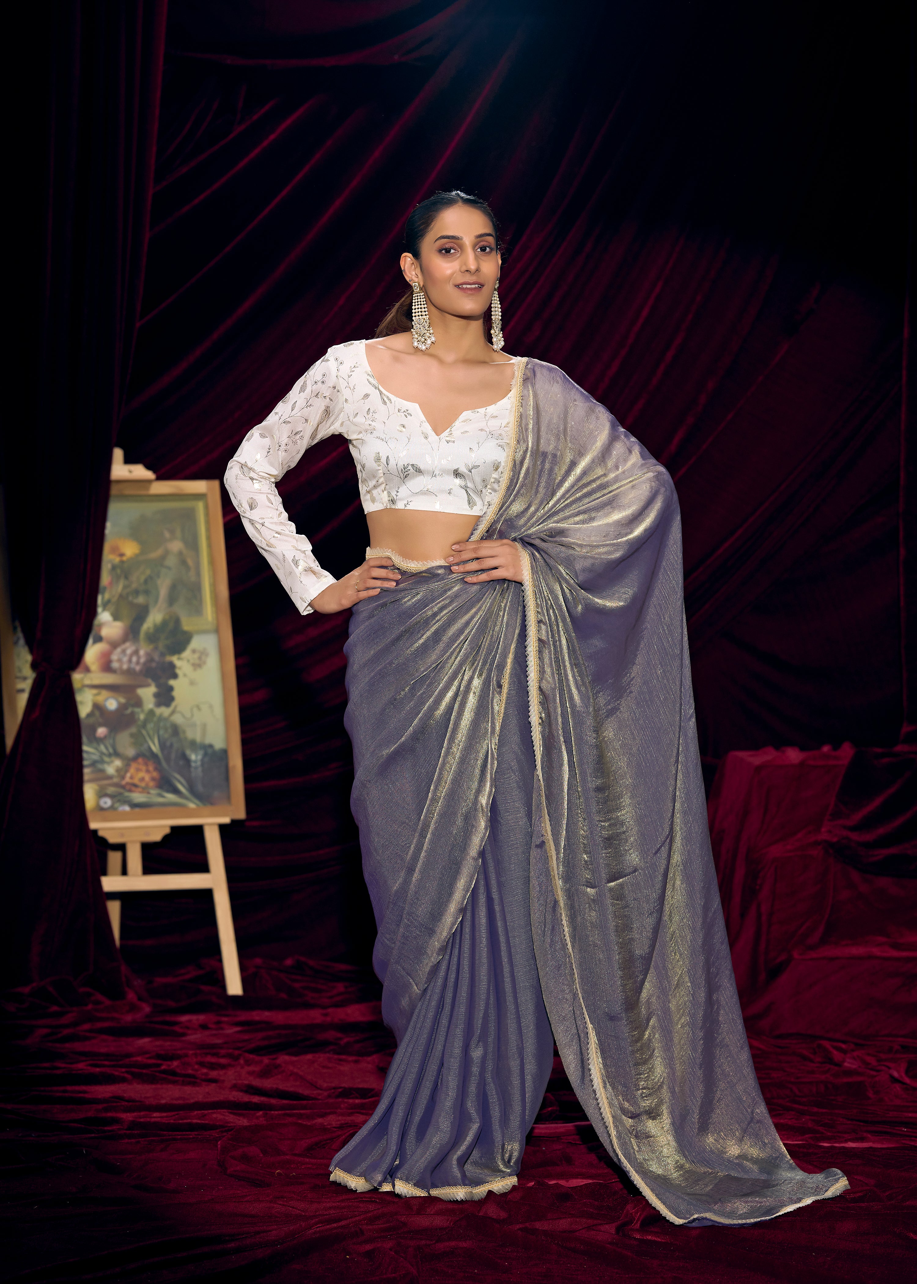 Slate Mist Embellished Tissue Silk Saree