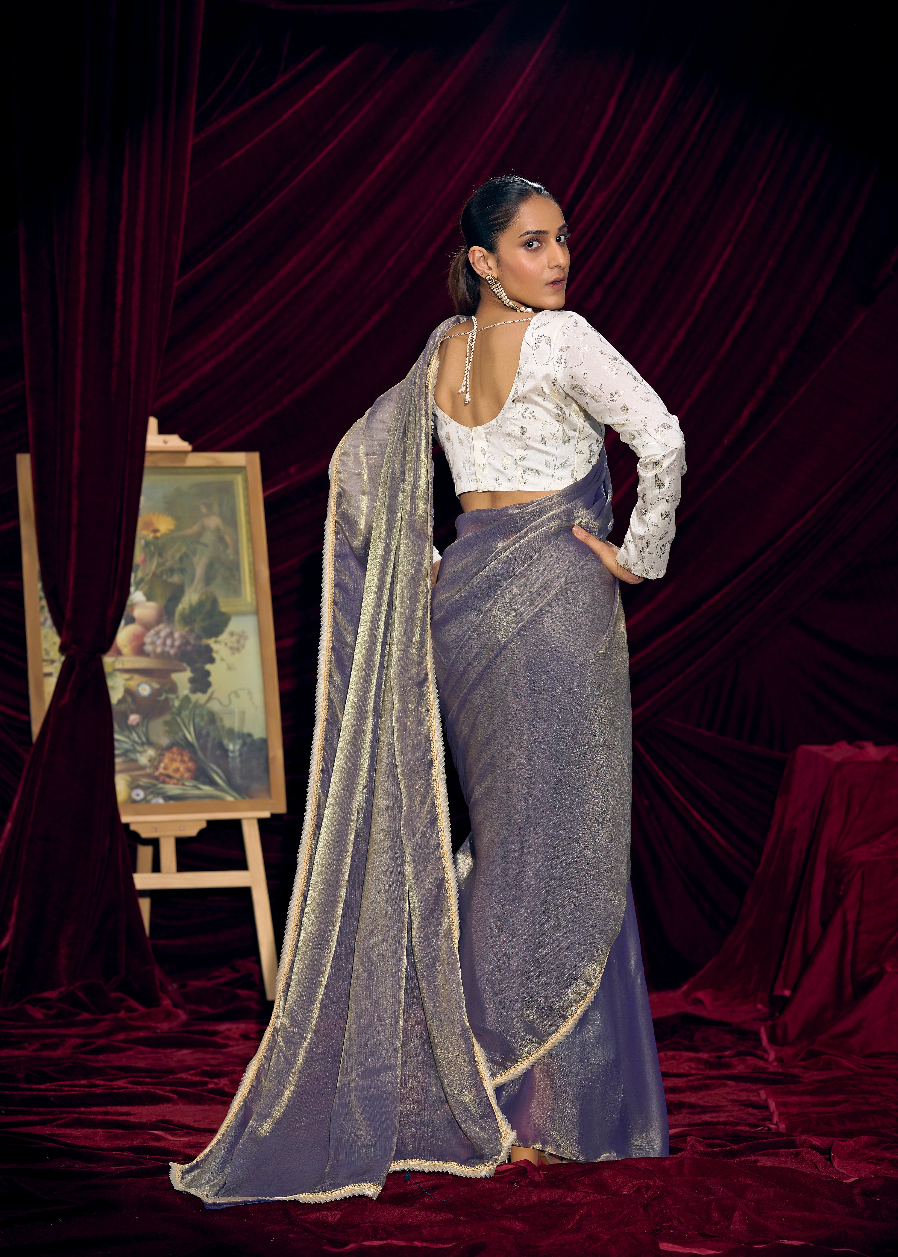 Slate Mist Embellished Tissue Silk Saree