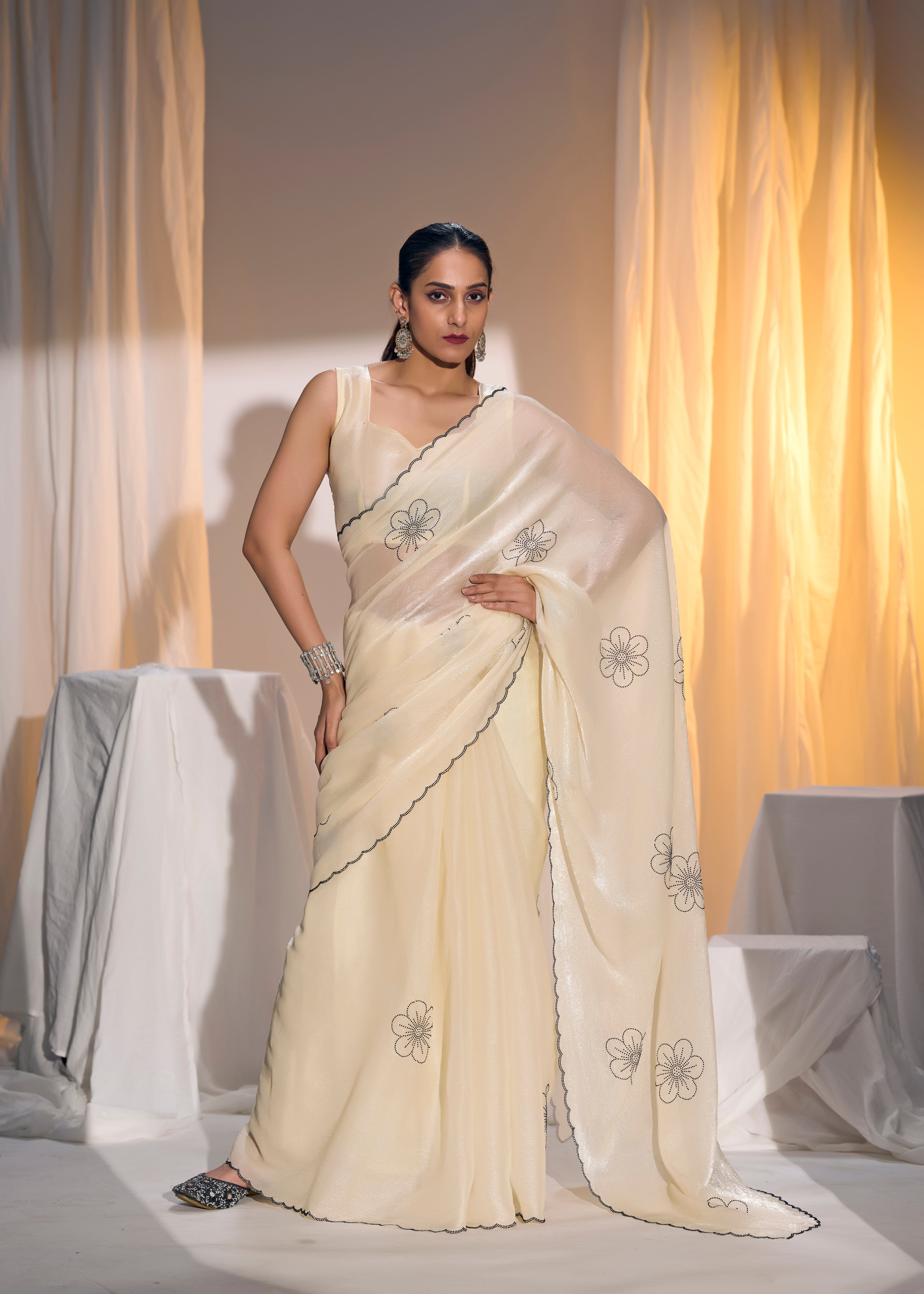 Celestial Cream Embellished Organza Silk Saree