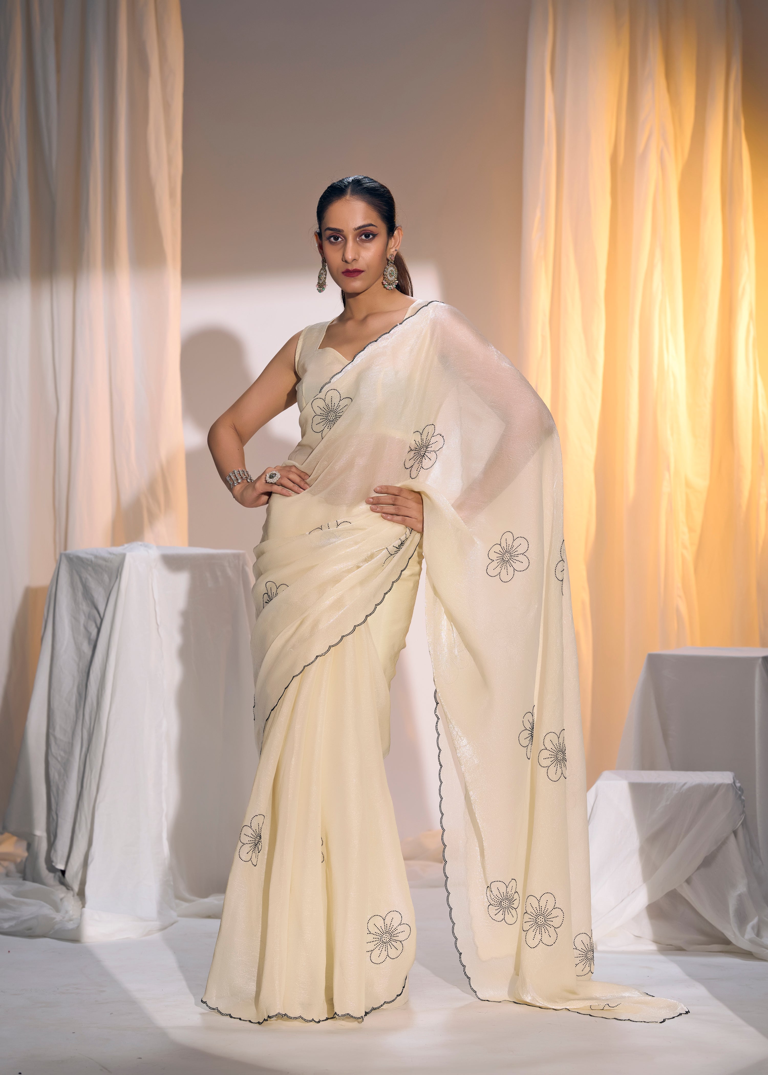 Celestial Cream Embellished Organza Silk Saree