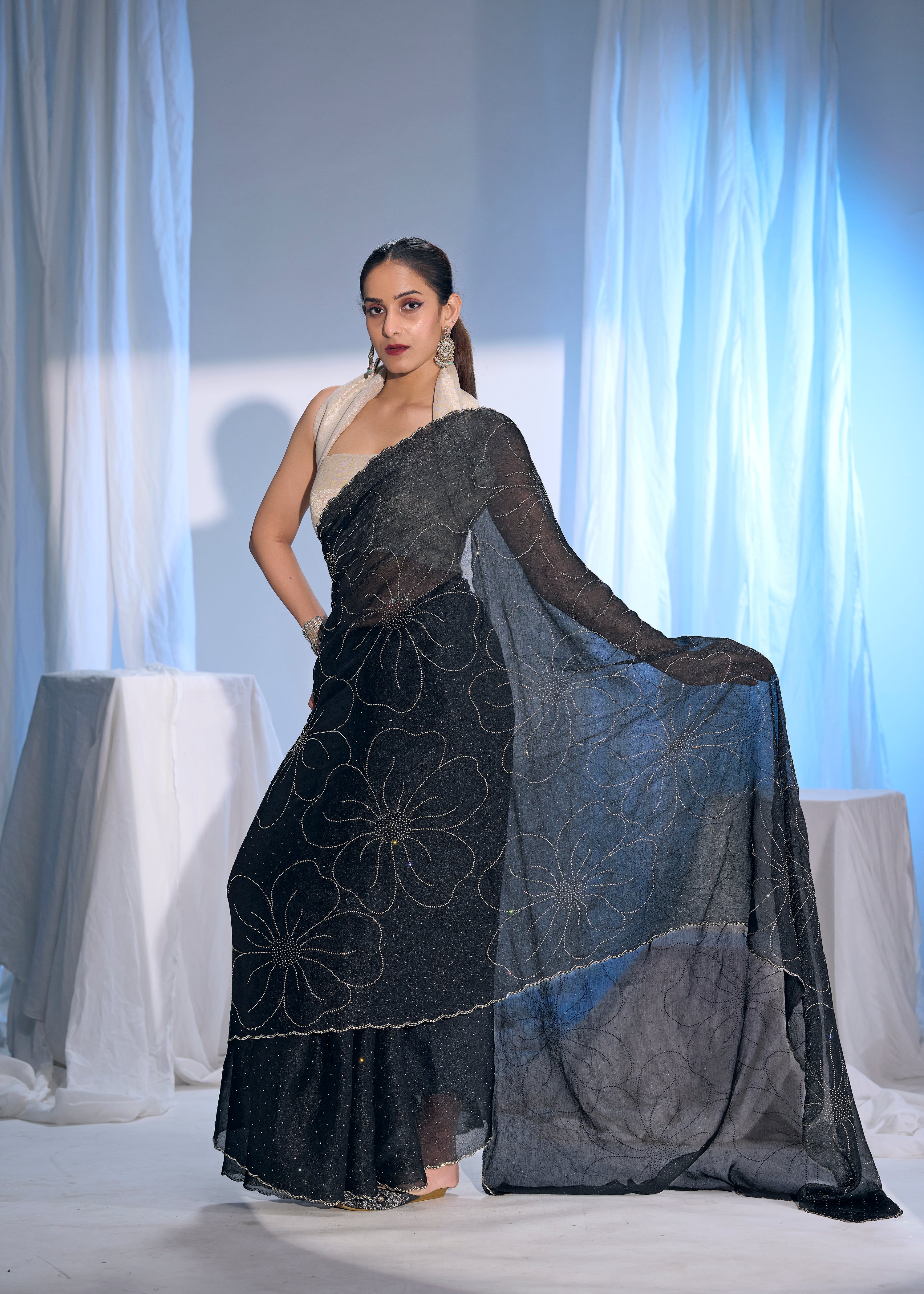 Black Noir Embellished Georgette Silk Saree