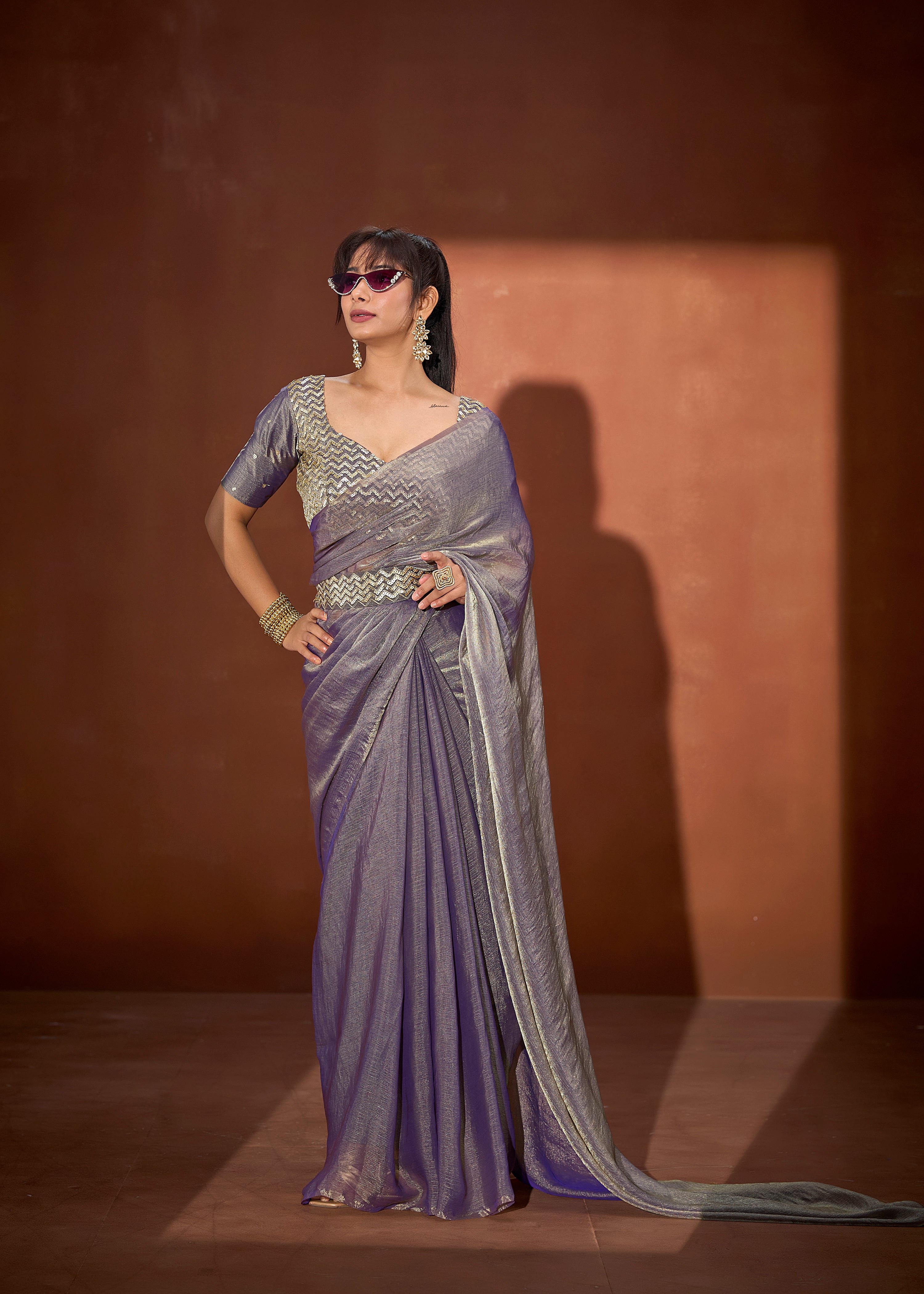 Lilac Shimmer Embellished Premium Silk Saree
