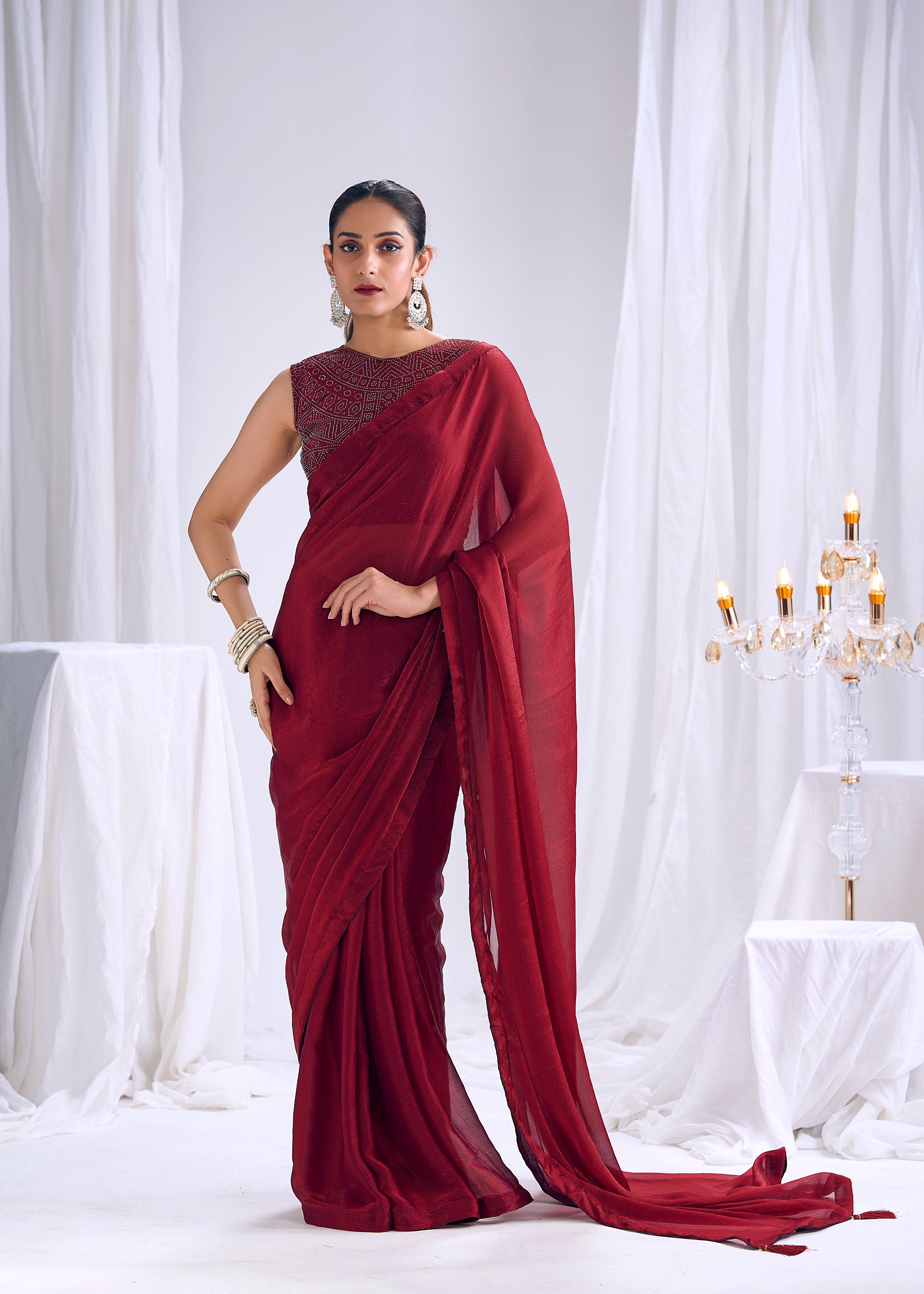 Crimson Shimmer Embellished Satin Silk Saree