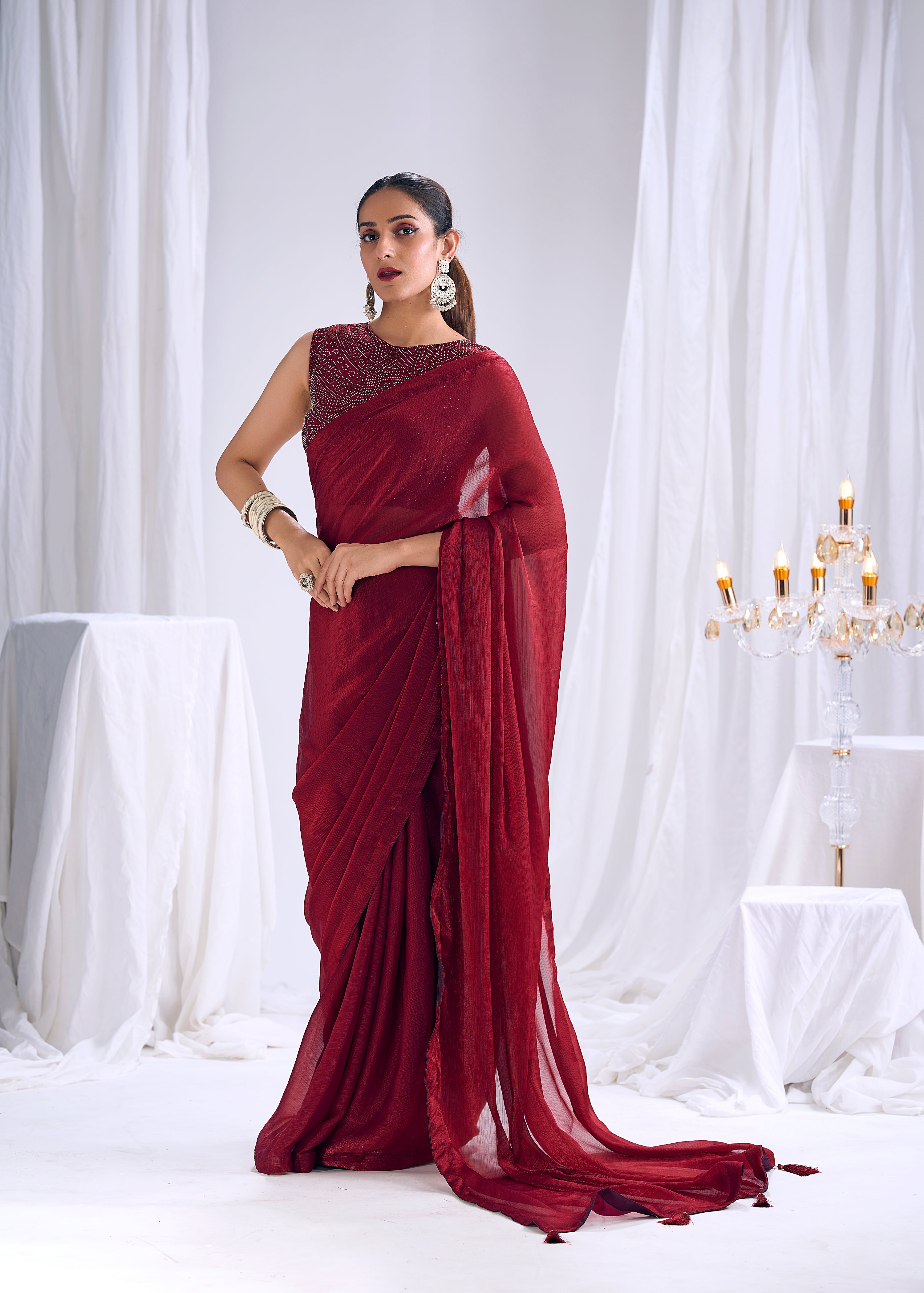 Crimson Shimmer Embellished Satin Silk Saree