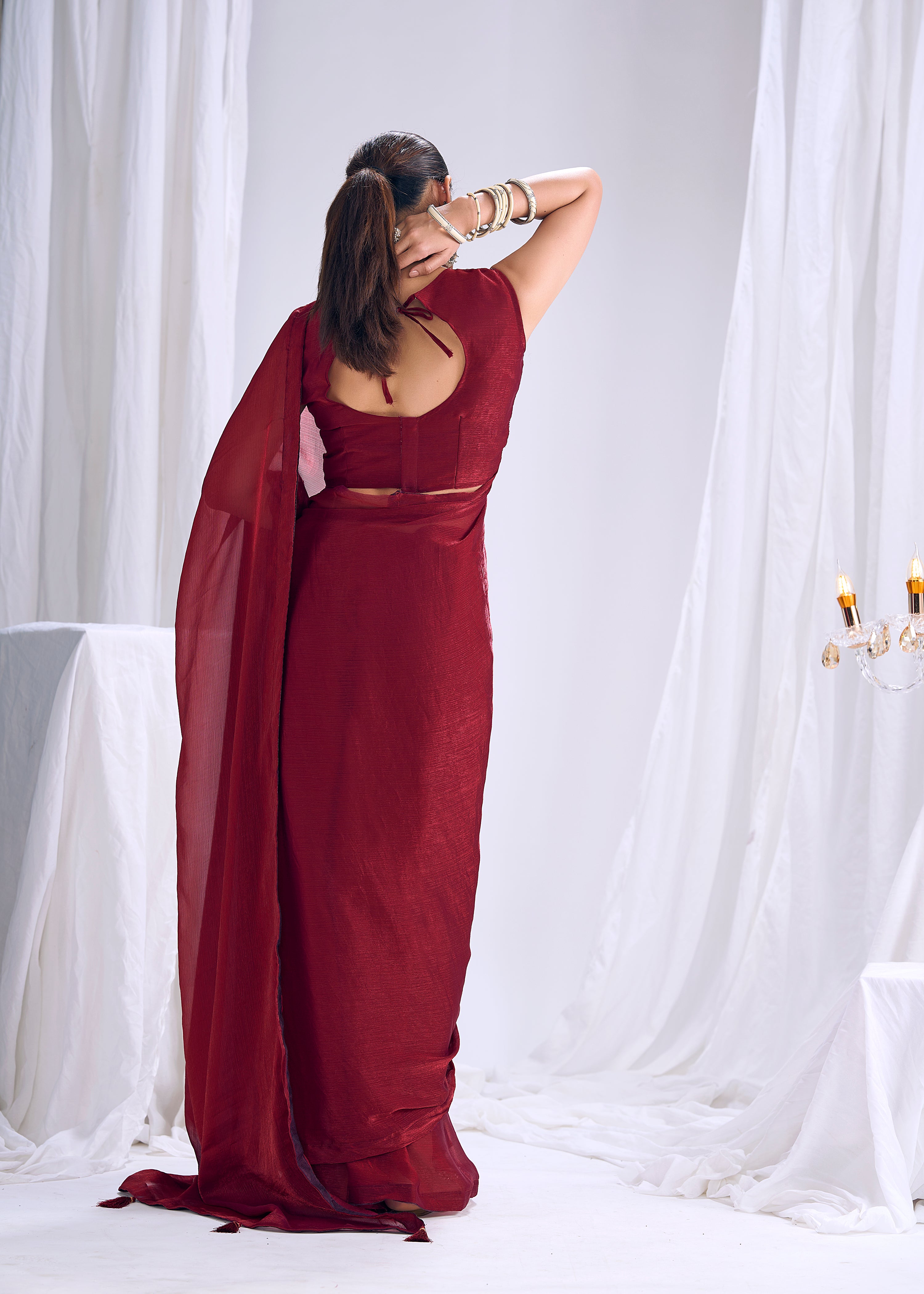 Crimson Shimmer Embellished Satin Silk Saree