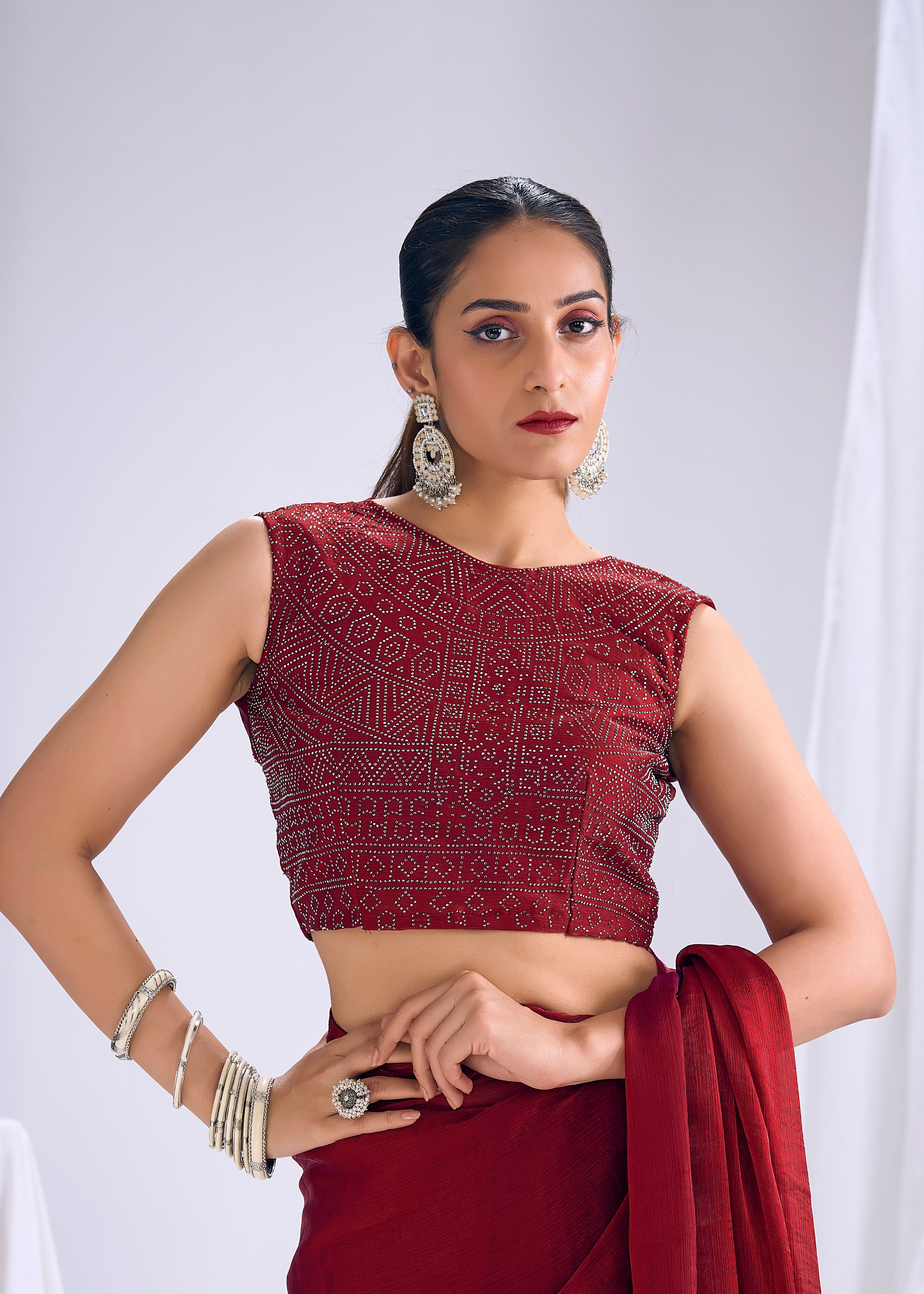 Crimson Shimmer Embellished Satin Silk Saree