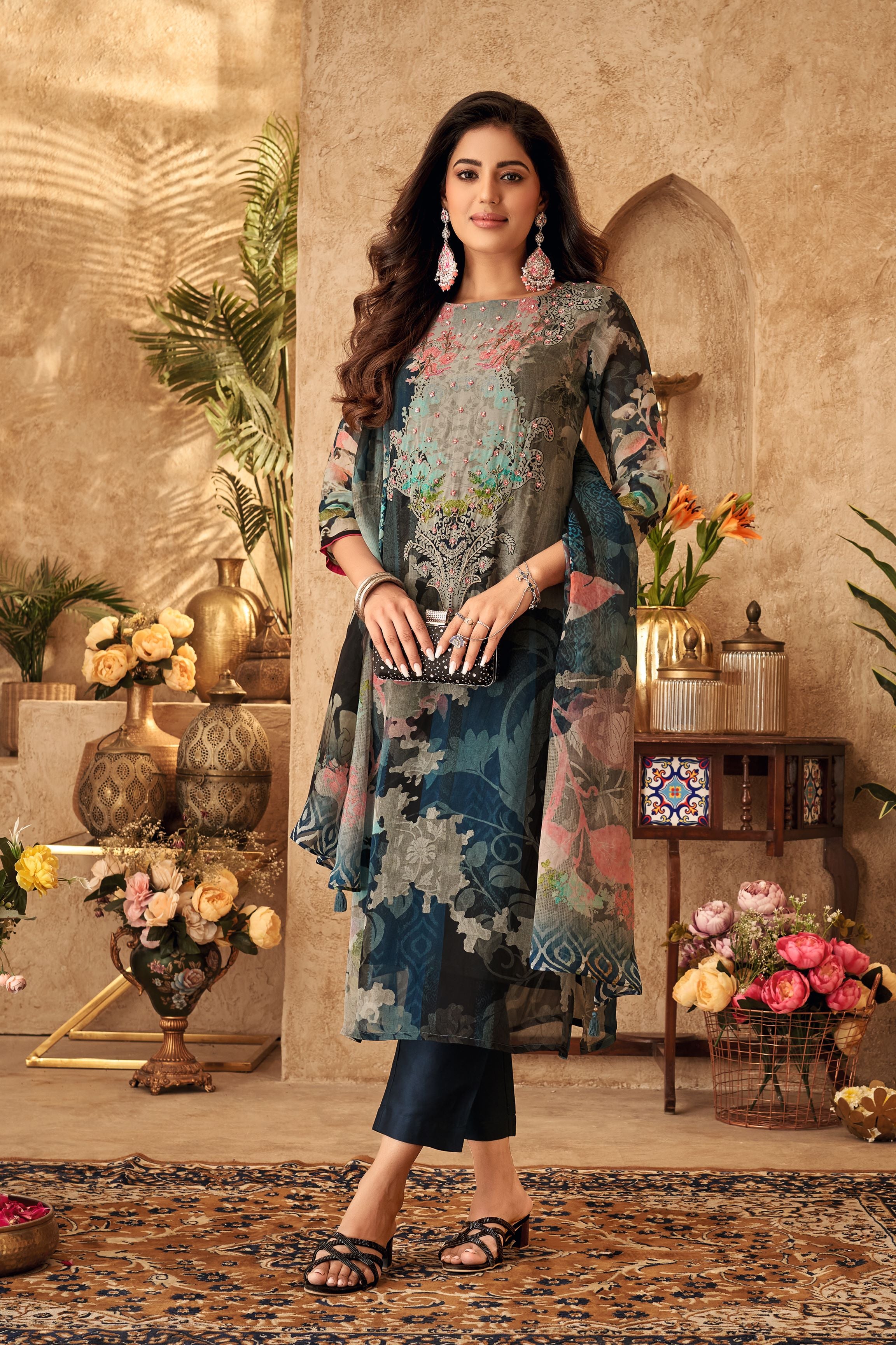 Teal Floral Printed Dola Silk Kurta Pants Set