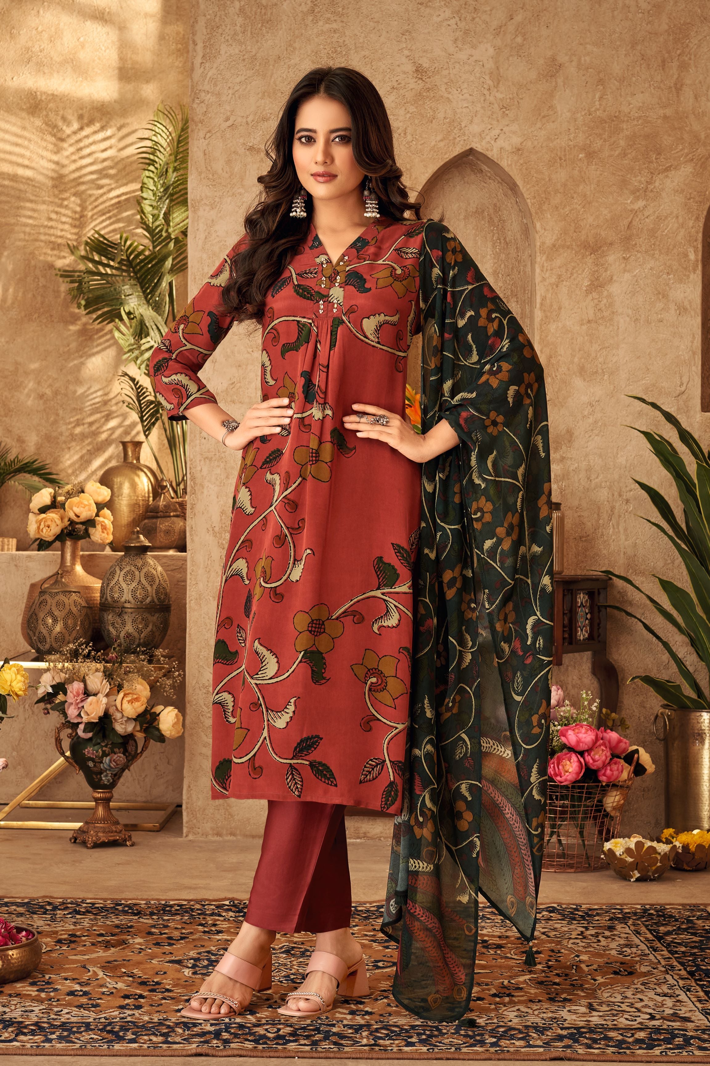 Rustic Red Floral Printed Dola Silk Kurta Pants Set