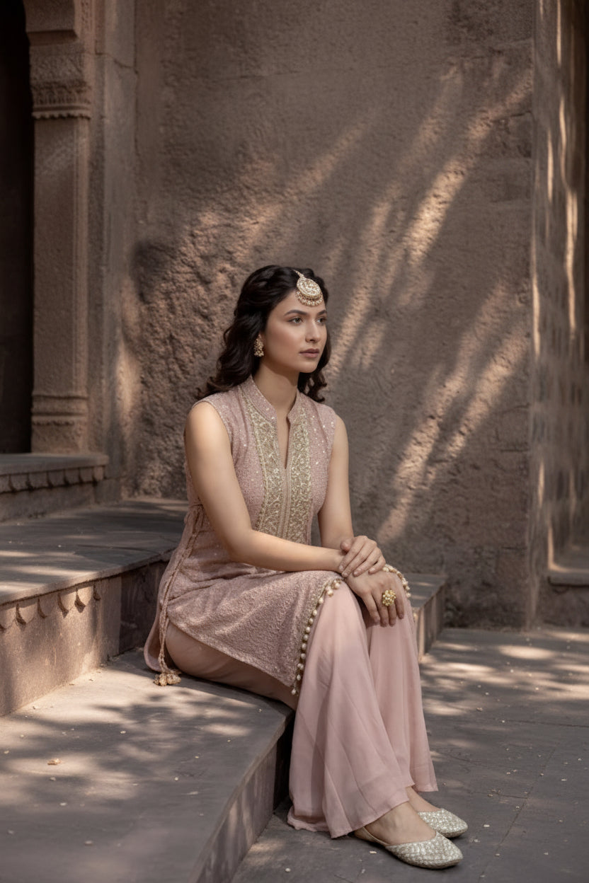 Nude Rose Embellished Shimmer Tissue Silk Co-Ord Set
