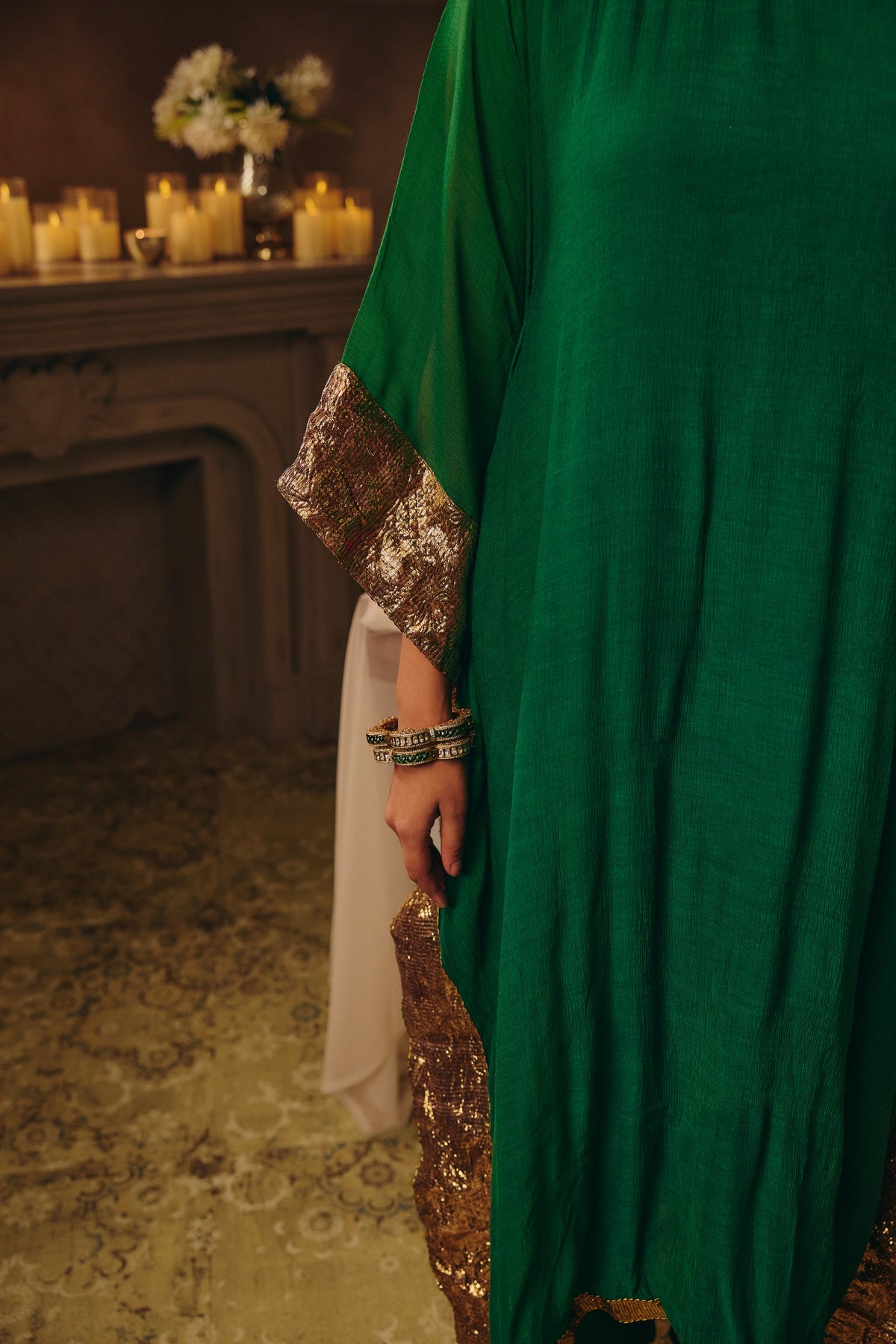 Dark Green Lace Emebellished Chinon Silk Kaftan Set