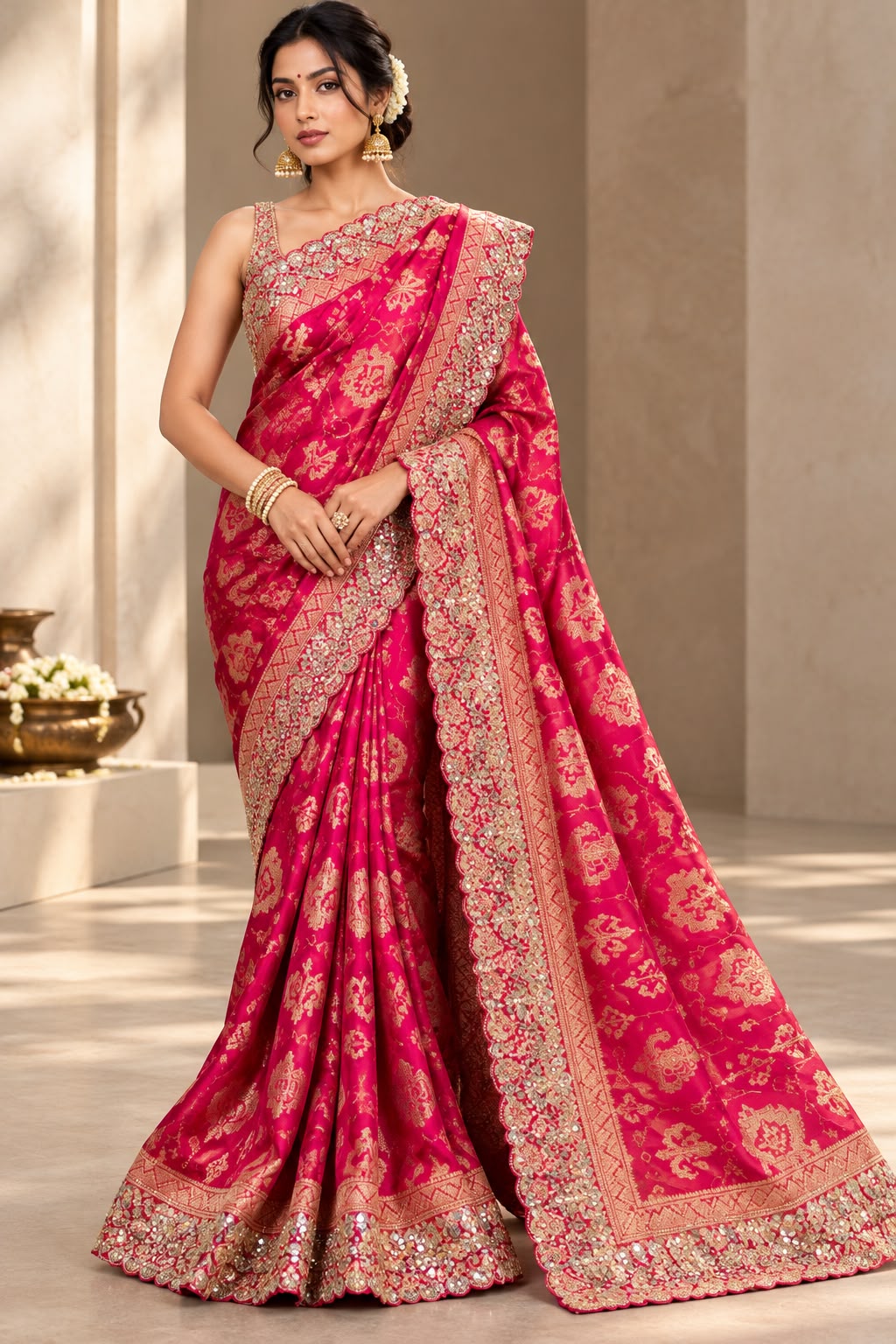 Fuchsia Pink Scalloped Woven Tissue Saree