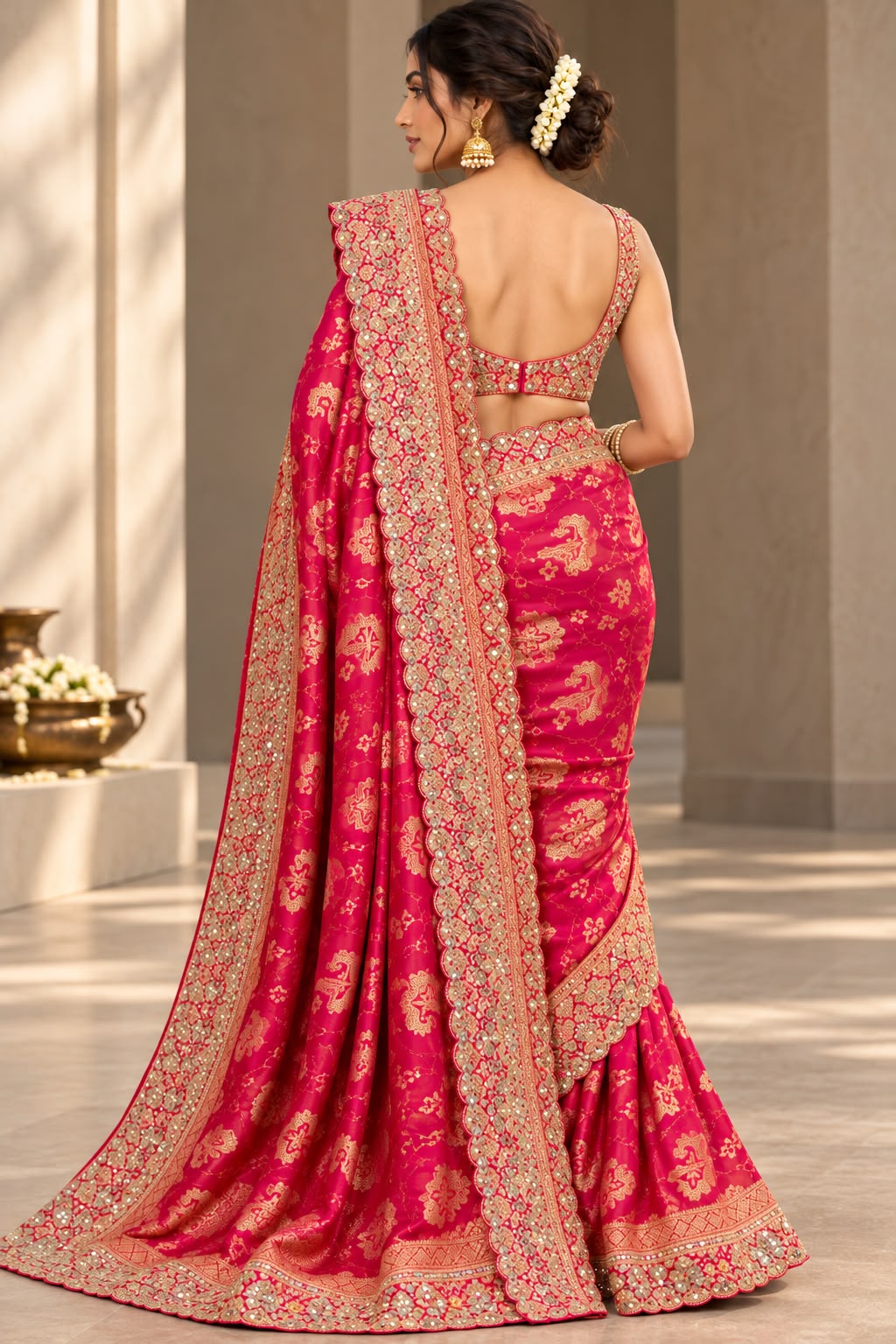 Fuchsia Pink Scalloped Woven Tissue Saree
