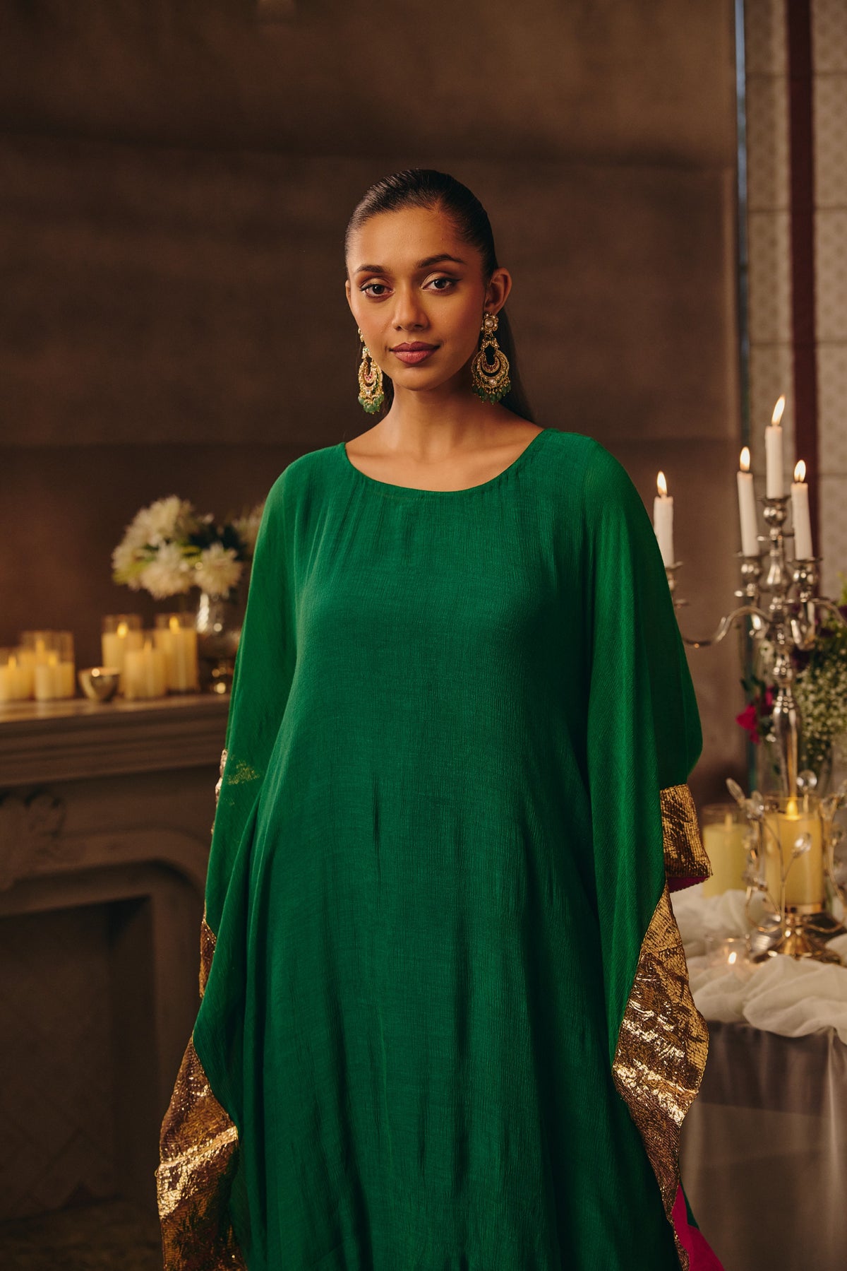 Dark Green Lace Emebellished Chinon Silk Kaftan Set