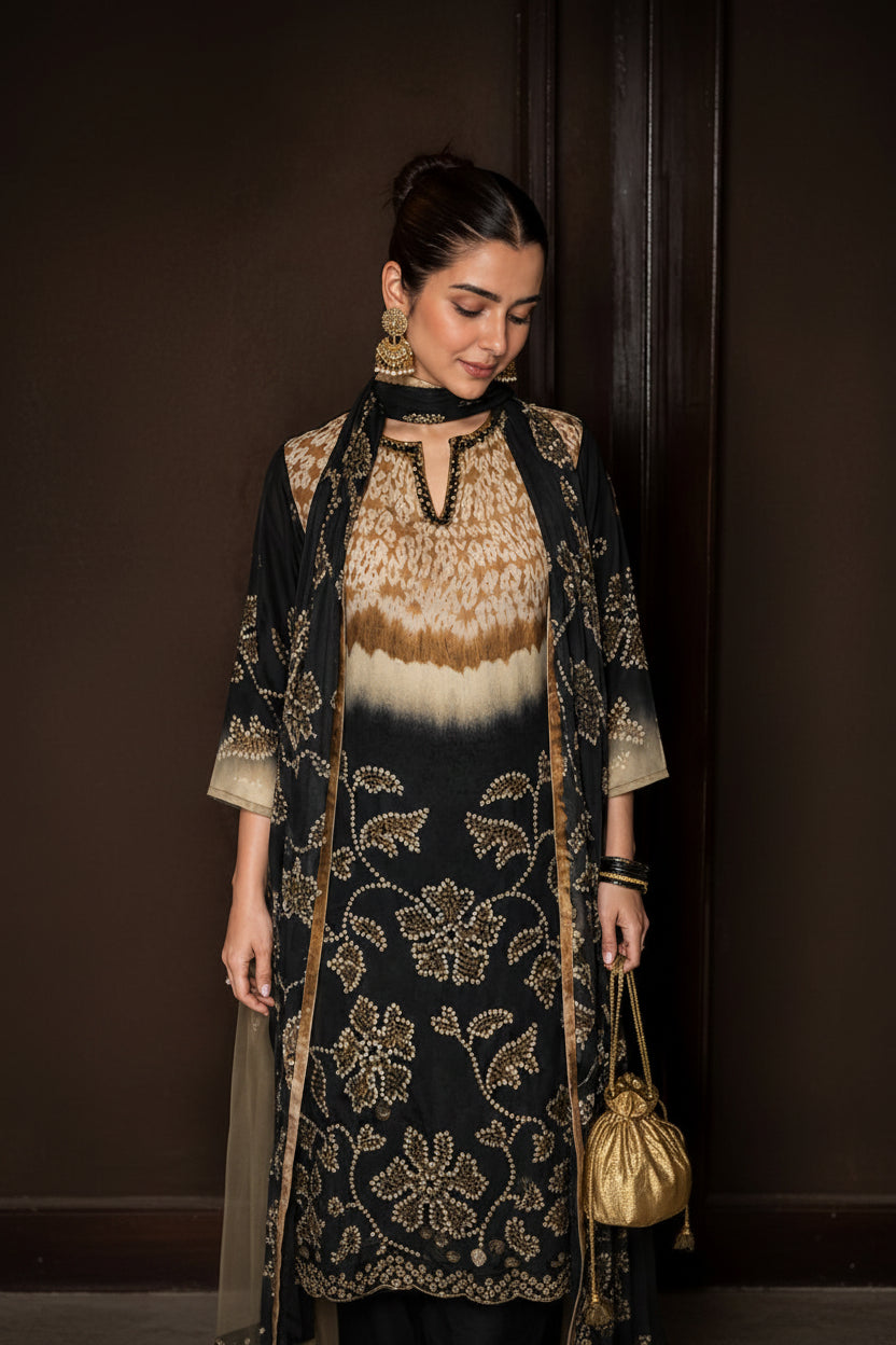 Onyx Printed Pure Crepe Silk Farshi Salwar Set