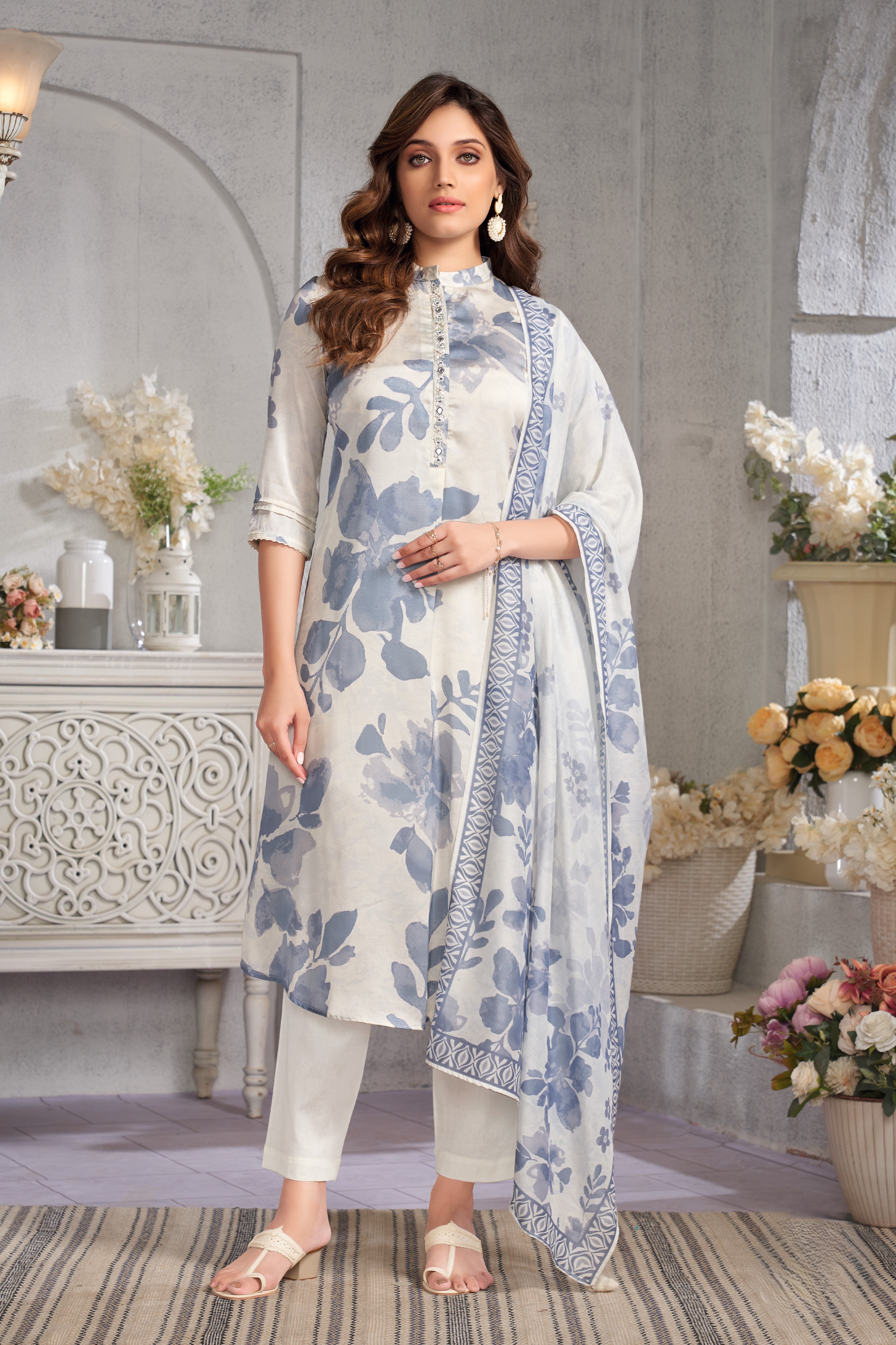 Blue Pottery Floral Printed Crepe Silk Kurta Pant Set