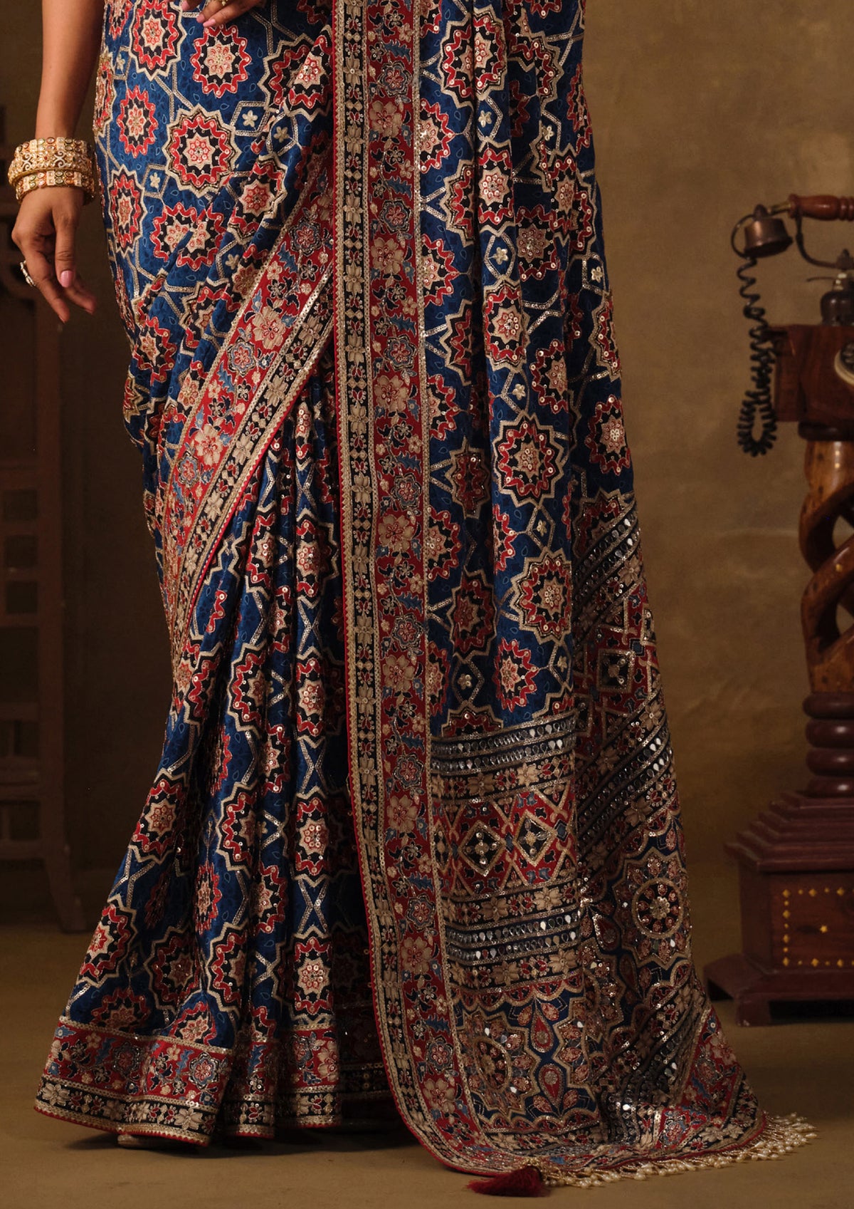 Navy Blue Embellished Natural Crepe Saree